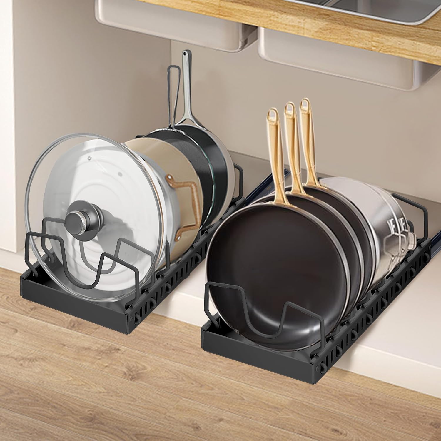 XIAPIA Pull Out Cabinet Organizer, Pots and Pans Organizer under Cabinet with 8 Adjustable Dividers, Pull Out Shelves for Kitchen Cabinets, Pot Lid Organizers inside Cabinet (Black, 2 Pack) XIAPIA Pull Out Cabinet Organizer, Pots and Pans Organizer under Cabinet with 8 Adjustable Dividers, Pull Out Shelves for Kitchen Cabinets, Pot Lid Organizers inside Cabinet (Black, 2 Pack)