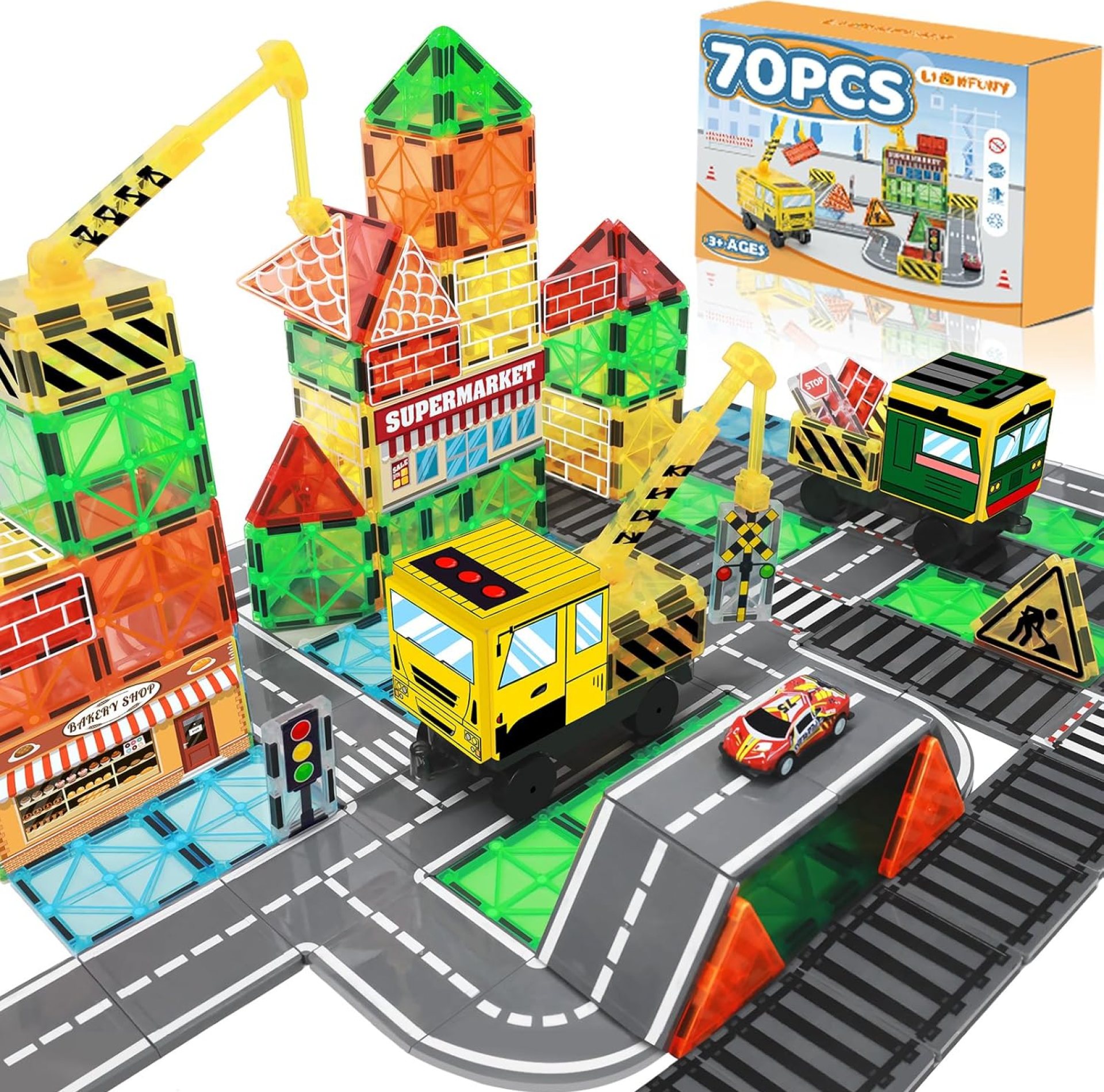 70Pcs Magnetic Tiles Magnetic Building Blocks, Building Toys for Kids Ages 3-5 4-8 8-12 Toddlers STEM Preschool Toy Boys Toys, City Construction Toys Set with 2 Cranes Train Tracks Road Car 70Pcs Magnetic Tiles Magnetic Building Blocks, Building Toys for Kids Ages 3-5 4-8 8-12 Toddlers STEM Preschool Toy Boys Toys, City Construction Toys Set with 2 Cranes Train Tracks Road Car