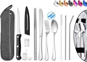 Portable Reusable Travel Utensils Silverware With Case, Camping Cutlery Set, Chopsticks and Straw, Flatware With Case, Stainless Steel Top (Silver)