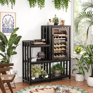 6-Tier Adjustable Kitchen Bakers Rack with Power Outlet, Utility Storage Shelf for Microwave, Mini Fridge Stand, Coffee Bar, Free Standing Shelf for Kitchen, Home Office, Black