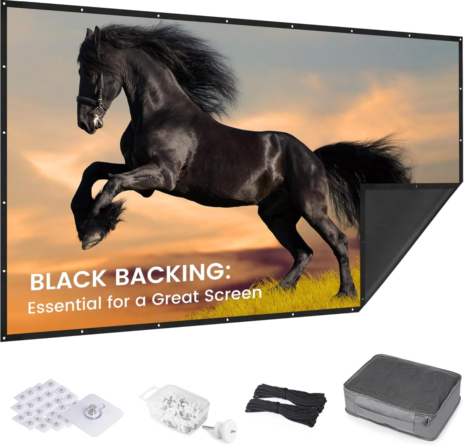 120 inch Projector Screen 2025 Upgraded- Black Backing, Straight Edges, Foldable, Washable and Wrinkle-Free – for Indoor Home Theater and Outdoor Cinema -White 16:9 by IOLIEO 120 inch Projector Screen 2025 Upgraded- Black Backing, Straight Edges, Foldable, Washable and Wrinkle-Free – for Indoor Home Theater and Outdoor Cinema -White 16:9 by IOLIEO