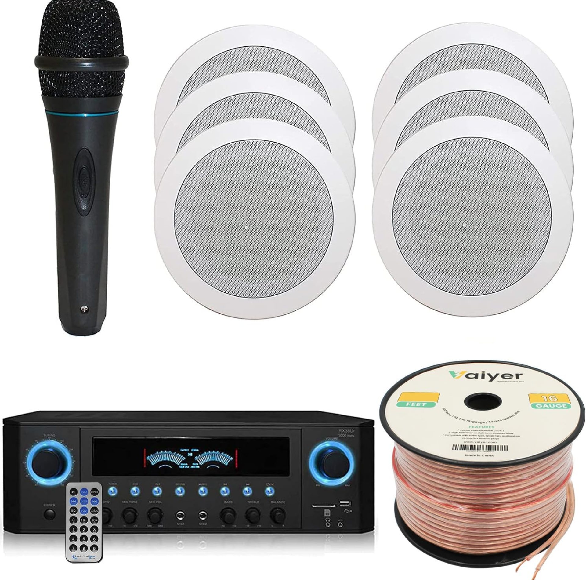 Home Theater System Kit 1000 Watts Amplifier w/USB, SD Card Inputs, (Qty 6) 5.25″ Flush Mount in-Wall/in-Ceiling Stereo Speakers, Mic and 250 ft Speaker Wire | Perfect for Home, Office and Restaurants Home Theater System Kit 1000 Watts Amplifier w/USB, SD Card Inputs, (Qty 6) 5.25″ Flush Mount in-Wall/in-Ceiling Stereo Speakers, Mic and 250 ft Speaker Wire | Perfect for Home, Office and Restaurants