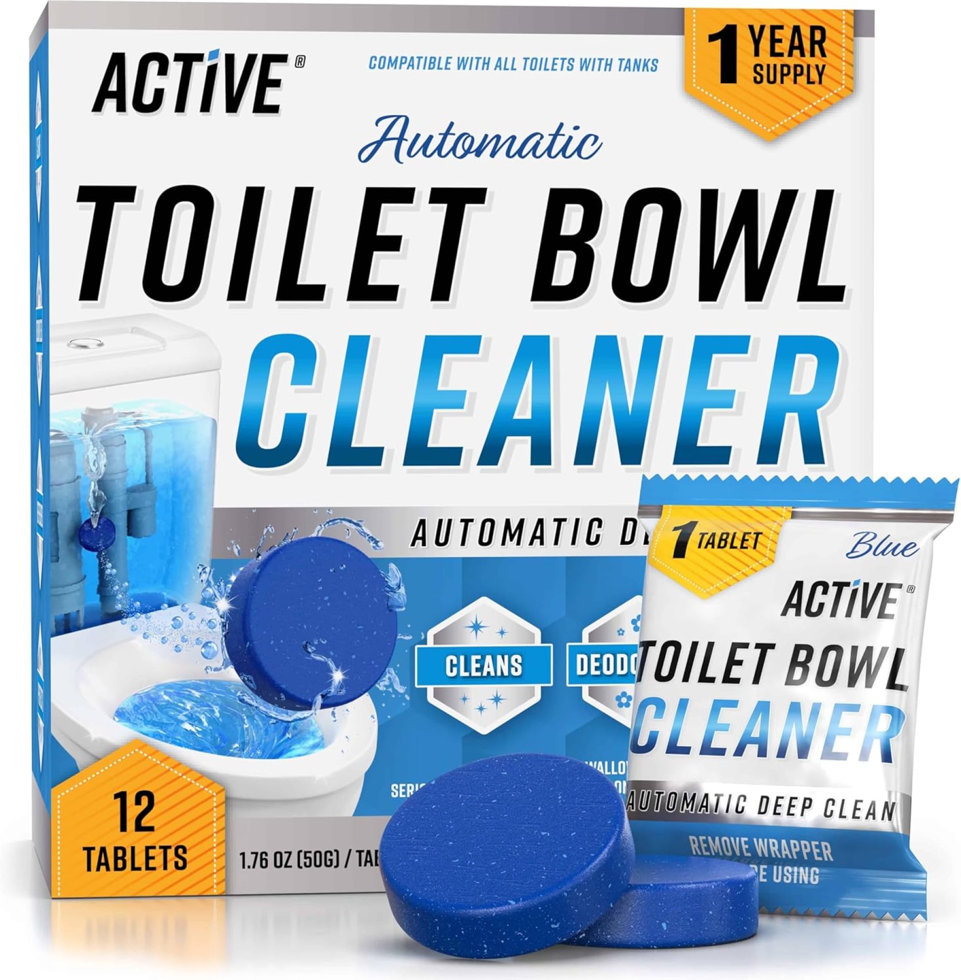ACTIVE Automatic Toilet Bowl Cleaner Tablets Blue Gel Toilet Tank Cleaners, Septic-Safe Hard Water Ring Stain Remover, Smell Eliminator Heavy Duty Toilet Cleaning & Deodorizer, Fresh Scent – 12 Tabs ACTIVE Automatic Toilet Bowl Cleaner Tablets Blue Gel Toilet Tank Cleaners, Septic-Safe Hard Water Ring Stain Remover, Smell Eliminator Heavy Duty Toilet Cleaning & Deodorizer, Fresh Scent – 12 Tabs
