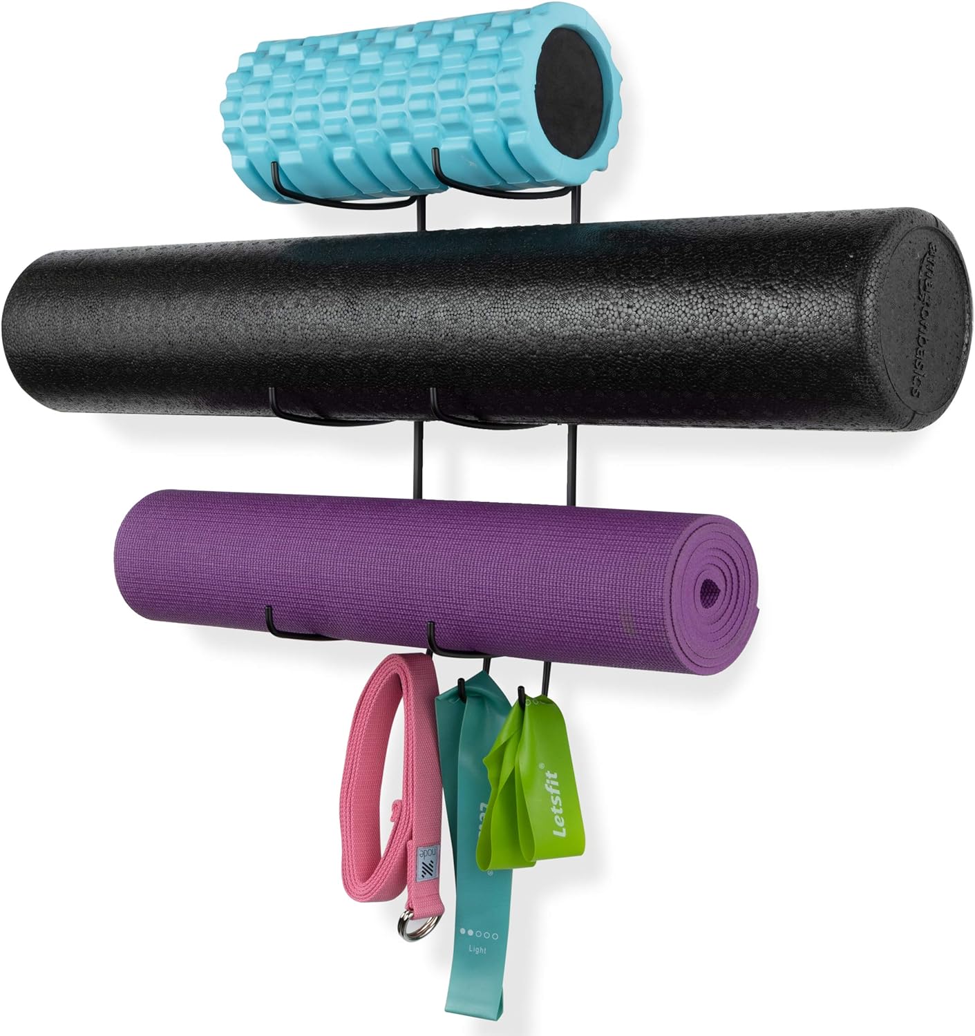 Wallniture Guru Wall Mount Yoga Mat Foam Roller and Towel Rack with 3 Hooks for Hanging Yoga Strap and Resistance Bands, 3-Sectional Metal Wallniture Guru Wall Mount Yoga Mat Foam Roller and Towel Rack with 3 Hooks for Hanging Yoga Strap and Resistance Bands, 3-Sectional Metal