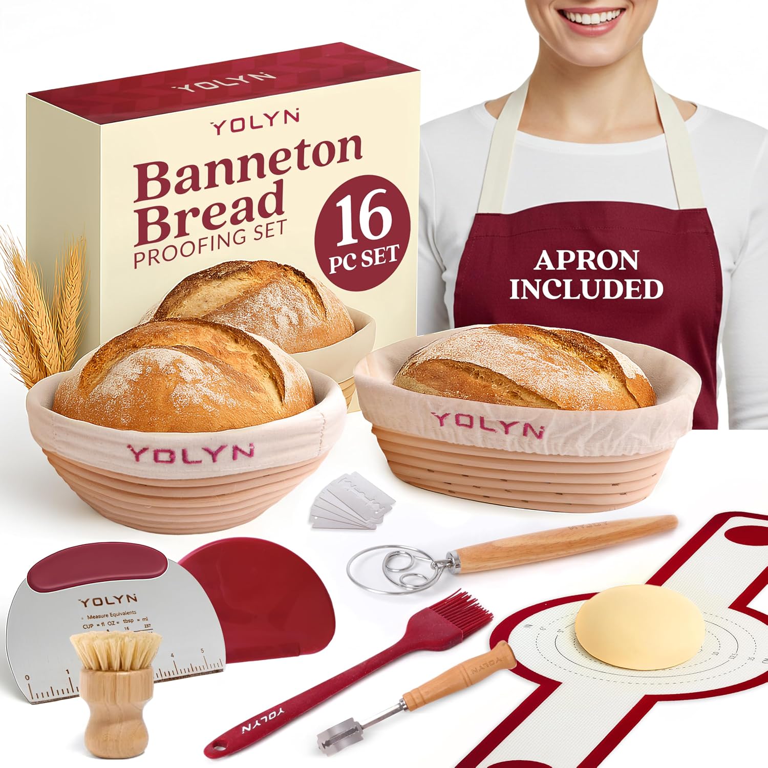 Sourdough Bread Baking Supplies with 2 Banneton Bread Proofing Basket Sizes – 16 Piece Sourdough Starter Kit Including Dough Whisk, Scraper, Lame, Apron for Artisan Bread Making Sourdough Bread Baking Supplies with 2 Banneton Bread Proofing Basket Sizes – 16 Piece Sourdough Starter Kit Including Dough Whisk, Scraper, Lame, Apron for Artisan Bread Making