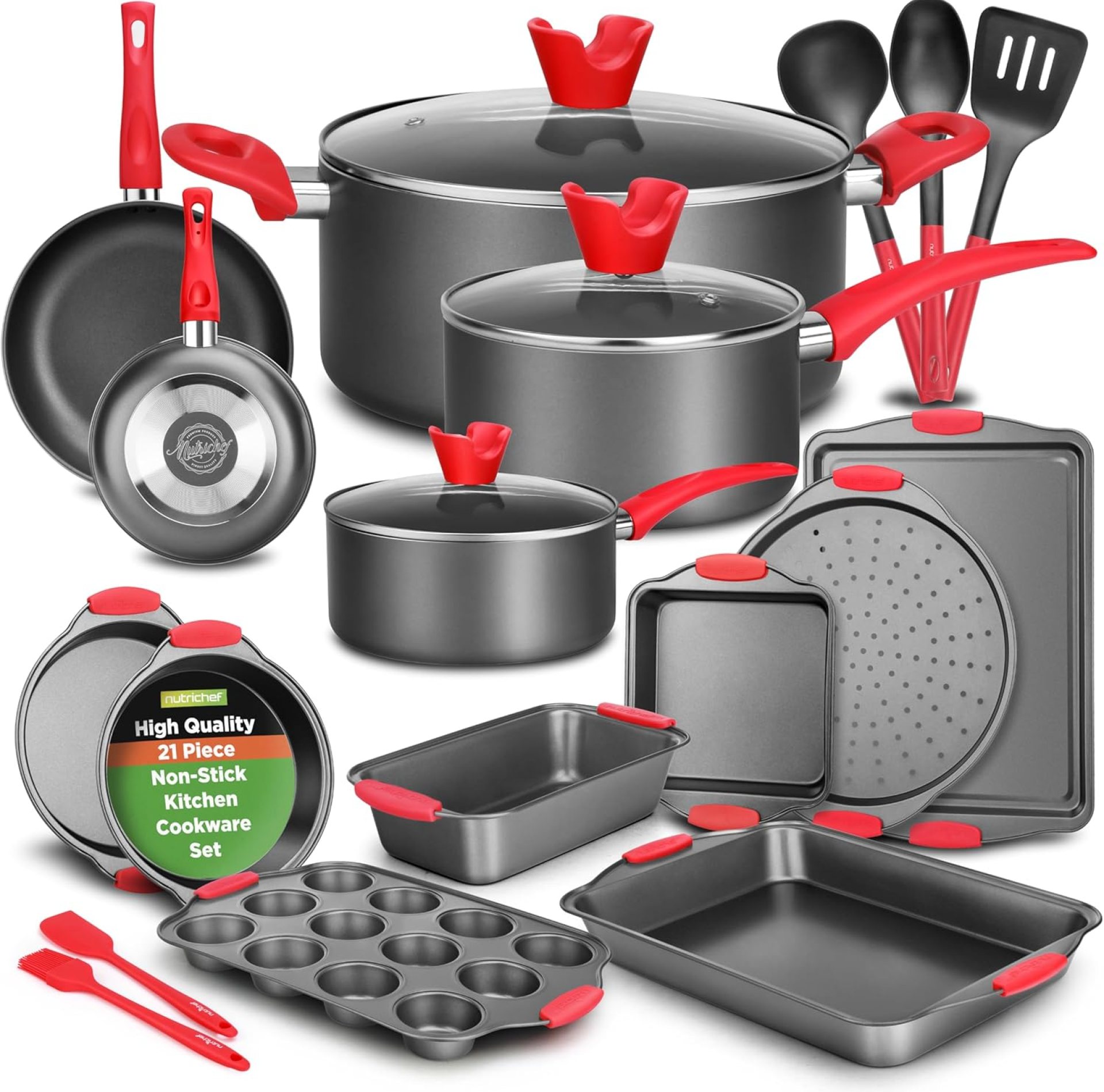 NutriChef 21-Piece Nonstick Cookware Set – Includes Saucepans, Skillets, Round & Square Baking Pans, Loaf & Muffin Pans, Pizza Crisper, Cookie Sheet, & Silicone Utensils – Complete Kitchen Set NutriChef 21-Piece Nonstick Cookware Set – Includes Saucepans, Skillets, Round & Square Baking Pans, Loaf & Muffin Pans, Pizza Crisper, Cookie Sheet, & Silicone Utensils – Complete Kitchen Set