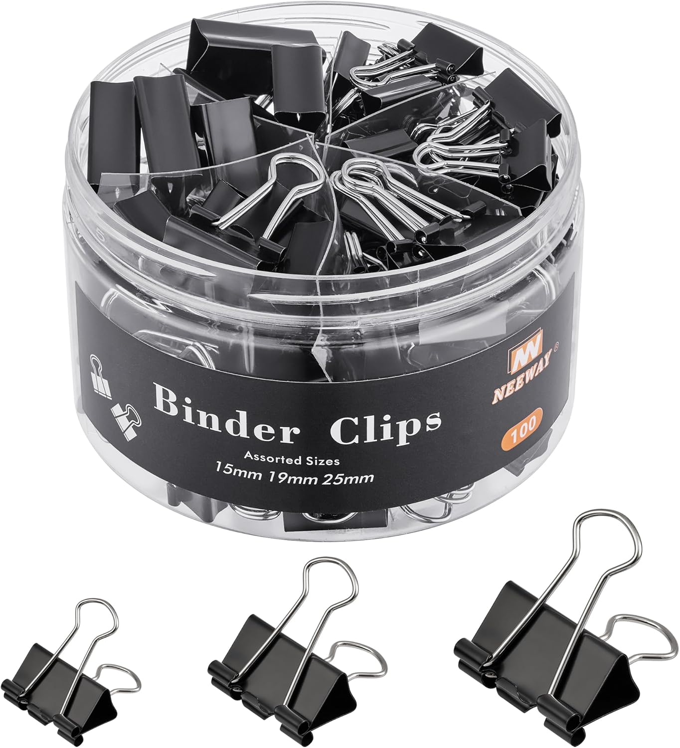 NEEWAY 100 Count Binder Clips Assorted Sizes, Paper Binder Clips (0.6inch 0.75inch 1inch), Metal Paper Clamps for Office and Home, Black NEEWAY 100 Count Binder Clips Assorted Sizes, Paper Binder Clips (0.6inch 0.75inch 1inch), Metal Paper Clamps for Office and Home, Black