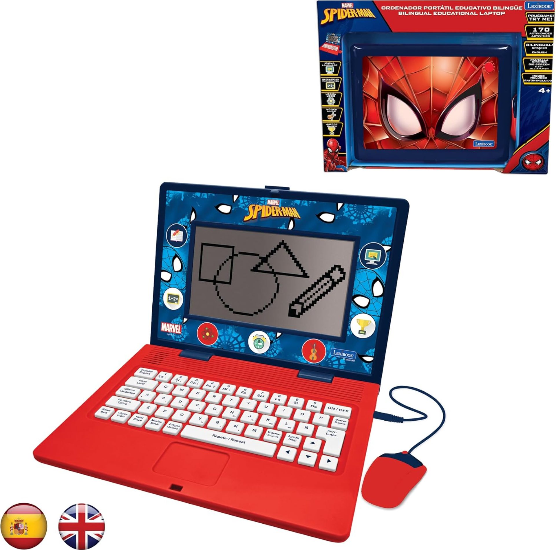 Lexibook, Spider-Man, Bilingual and Educational Laptop Spanish/English, Toy for Children, 170 Activities to Learn, Play Games and Music, Large Screen, Blue/Red, JC599SPi2 Lexibook, Spider-Man, Bilingual and Educational Laptop Spanish/English, Toy for Children, 170 Activities to Learn, Play Games and Music, Large Screen, Blue/Red, JC599SPi2
