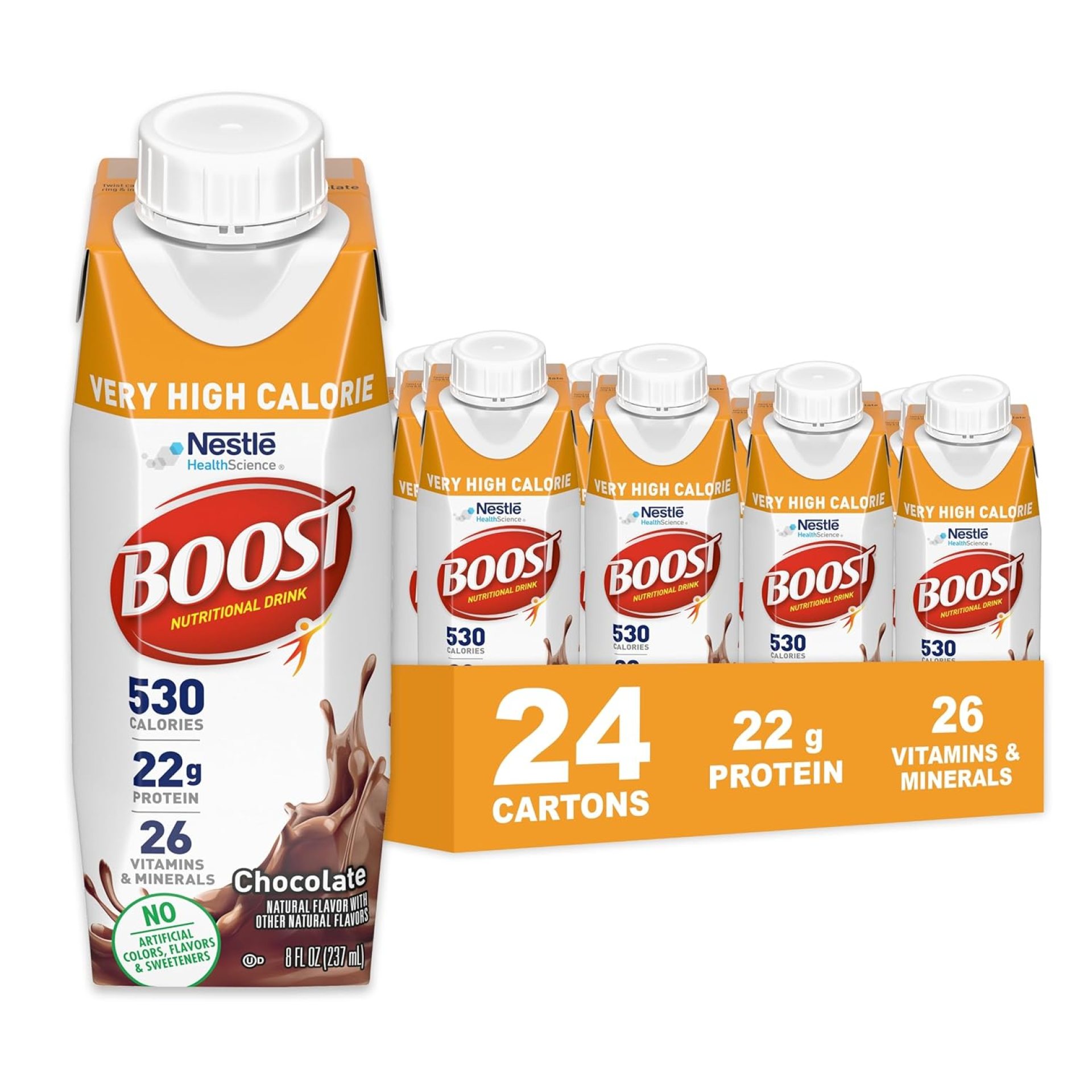 BOOST Very High Calorie Nutritional Drink – Helps Weight Gain & Maintenance – 530 Calories – 26 Vitamins & Minerals – 22 g Protein – Calorie-Dense Nutritional Drink – Chocolate – 8 fl oz (Pack of 24) BOOST Very High Calorie Nutritional Drink – Helps Weight Gain & Maintenance – 530 Calories – 26 Vitamins & Minerals – 22 g Protein – Calorie-Dense Nutritional Drink – Chocolate – 8 fl oz (Pack of 24)