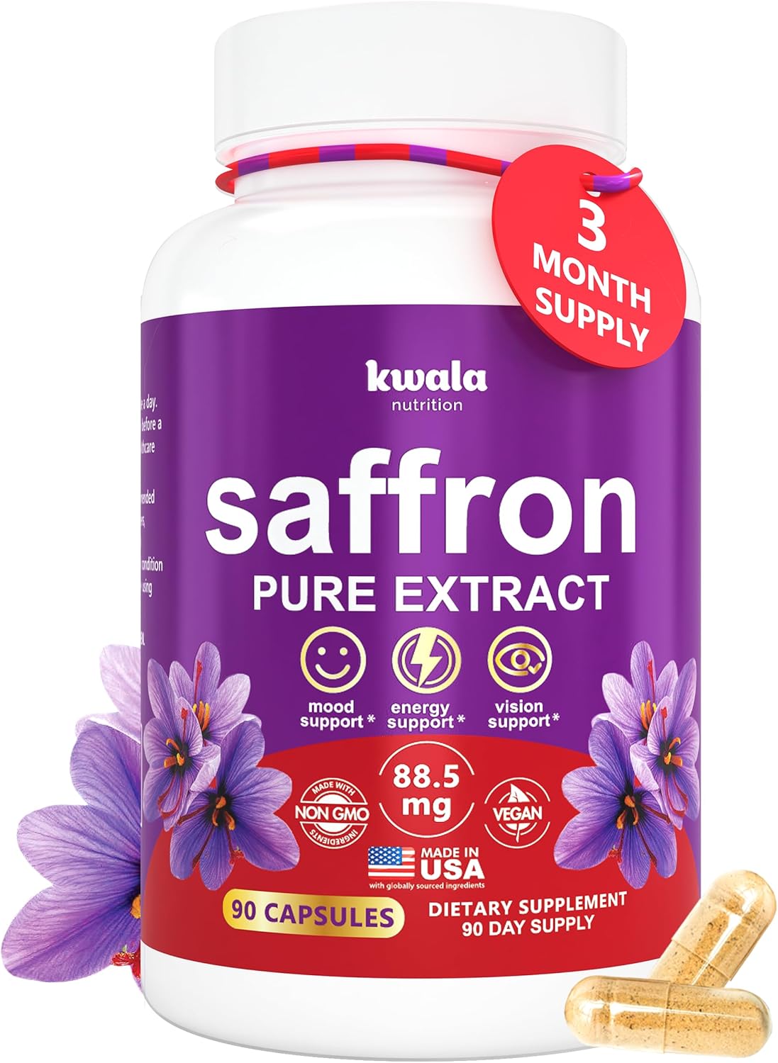 Saffron Supplements for Mood, Energy & Vision Support – Pure 88.5mg Saffron Extract – Made in USA, Vegan, Non-GMO – 90 Capsules (3 Month Supply) Saffron Supplements for Mood, Energy & Vision Support – Pure 88.5mg Saffron Extract – Made in USA, Vegan, Non-GMO – 90 Capsules (3 Month Supply)