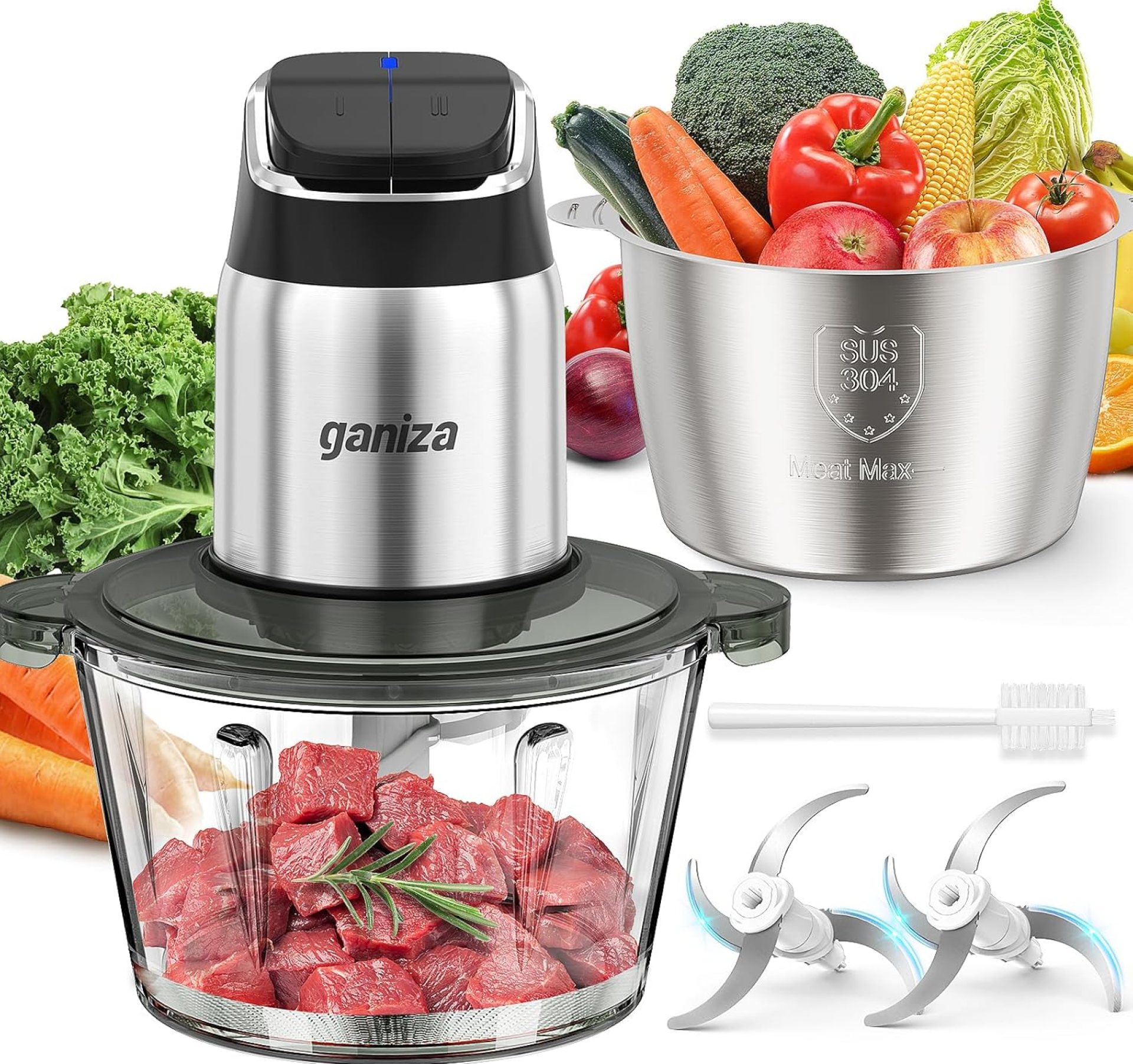 Ganiza Food Processor, 2-Speed Food Chopper Meat Grinder with 8 Cup Stainless Steel & 8 Cup Glass Bowls, Upgraded Button & Smart Overheat Protection Light – Includes Clean Brush, 2 Sets of Blades Ganiza Food Processor, 2-Speed Food Chopper Meat Grinder with 8 Cup Stainless Steel & 8 Cup Glass Bowls, Upgraded Button & Smart Overheat Protection Light – Includes Clean Brush, 2 Sets of Blades