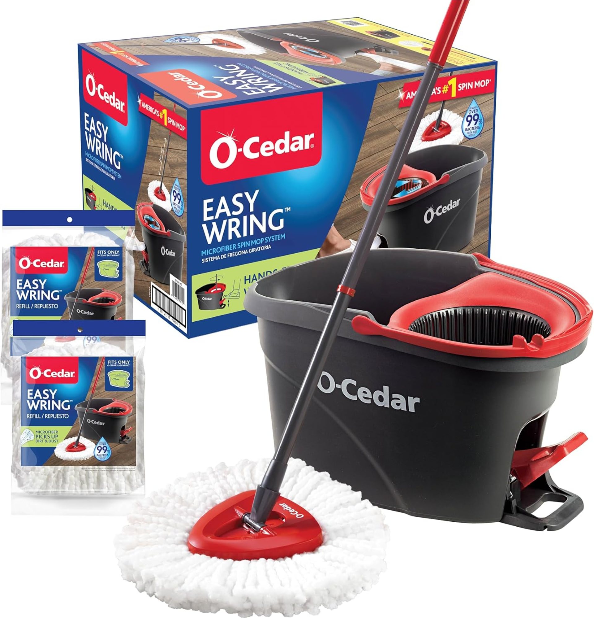 O-Cedar EasyWring Microfiber Spin Mop & Bucket Floor Cleaning System + 2 Extra Refills, Red/Gray O-Cedar EasyWring Microfiber Spin Mop & Bucket Floor Cleaning System + 2 Extra Refills, Red/Gray