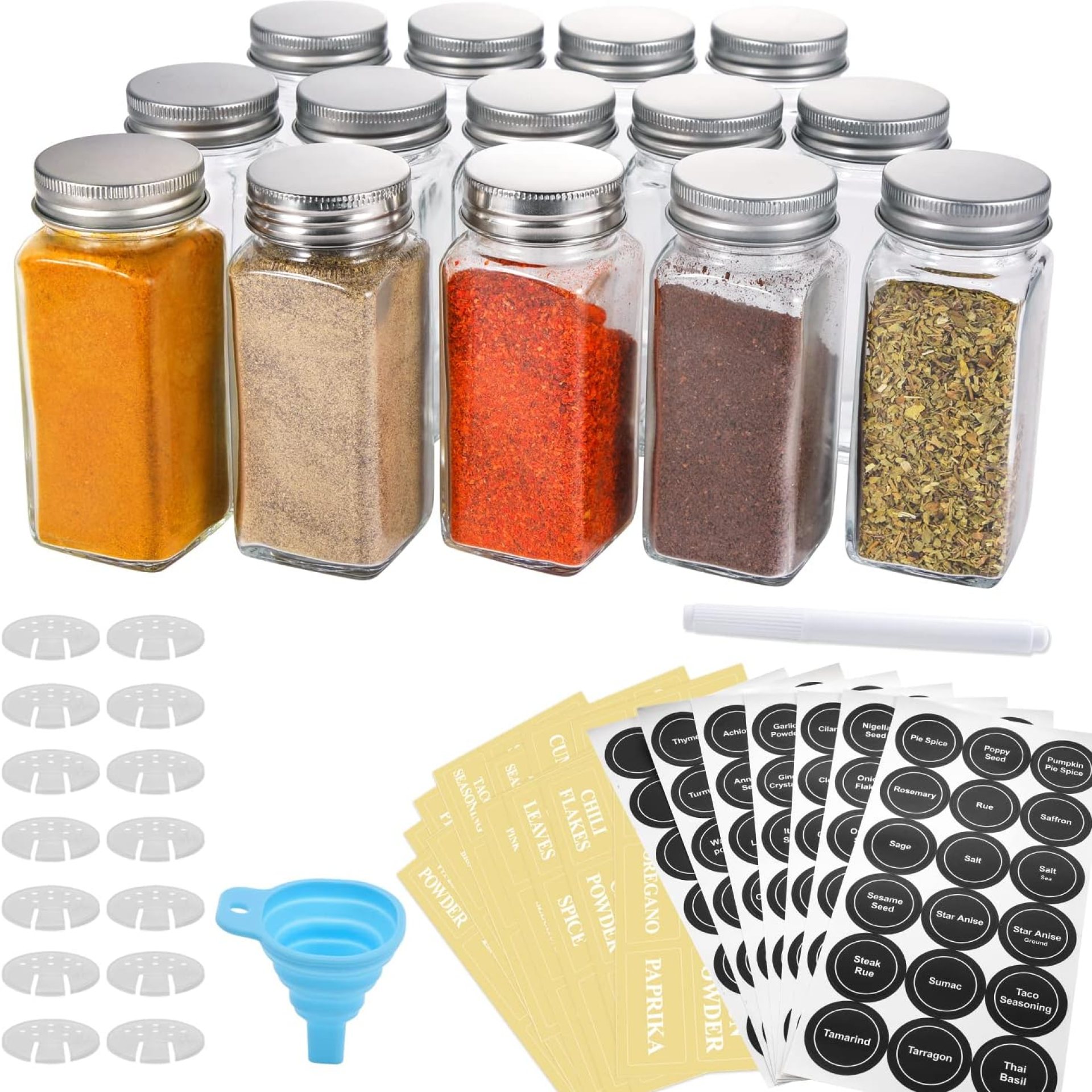 AOZITA 14 Pcs Glass Spice Jars with Spice Labels – 4oz Empty Square Spice Bottles – Shaker Lids and Airtight Metal Caps – Chalk Marker and Silicone Collapsible Funnel Included AOZITA 14 Pcs Glass Spice Jars with Spice Labels – 4oz Empty Square Spice Bottles – Shaker Lids and Airtight Metal Caps – Chalk Marker and Silicone Collapsible Funnel Included