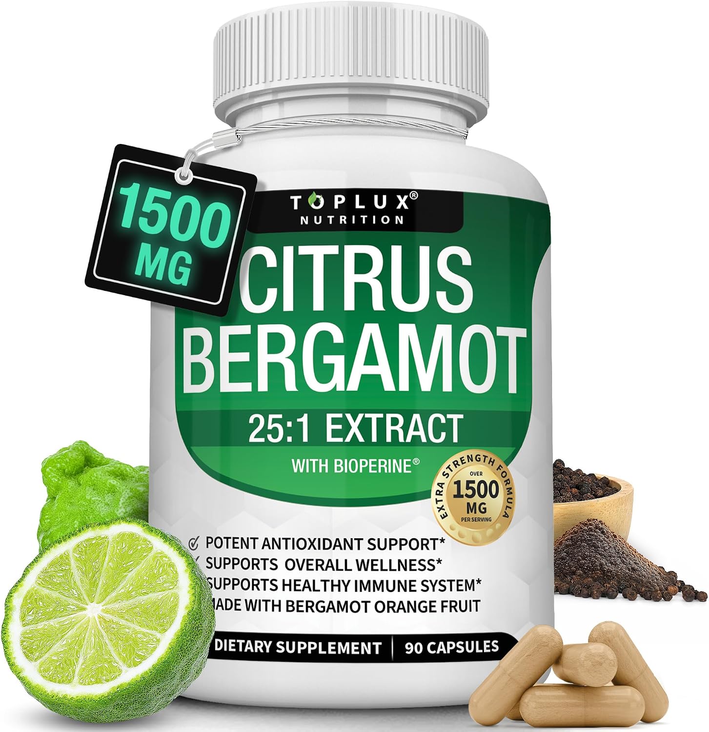 Citrus Bergamot Supplement 1500mg – 25:1 Bergamot Extract to Support Overall Health, Immune System, Potent Antioxidant High Absorption Natural Vegan Non-GMO for Men Women, 90 Capsules Citrus Bergamot Supplement 1500mg – 25:1 Bergamot Extract to Support Overall Health, Immune System, Potent Antioxidant High Absorption Natural Vegan Non-GMO for Men Women, 90 Capsules