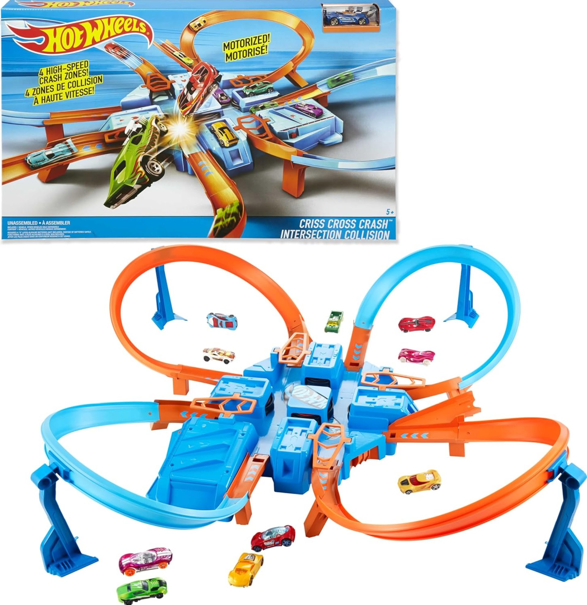 Hot Wheels Track Set with 1:64 Scale Toy Car, 4 Intersections for Crashing, Powered by a Motorized Booster, Criss-Cross Crash Track (Amazon Exclusive) Hot Wheels Track Set with 1:64 Scale Toy Car, 4 Intersections for Crashing, Powered by a Motorized Booster, Criss-Cross Crash Track (Amazon Exclusive)