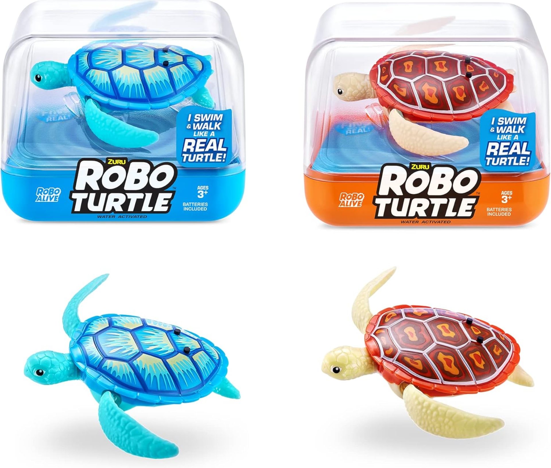 ROBO ALIVE Robo Turtle Robotic Swimming Turtle (Orange + Blue) by ZURU Water Activated, Comes with Batteries, Amazon Exclusive (2 Pack) ROBO ALIVE Robo Turtle Robotic Swimming Turtle (Orange + Blue) by ZURU Water Activated, Comes with Batteries, Amazon Exclusive (2 Pack)
