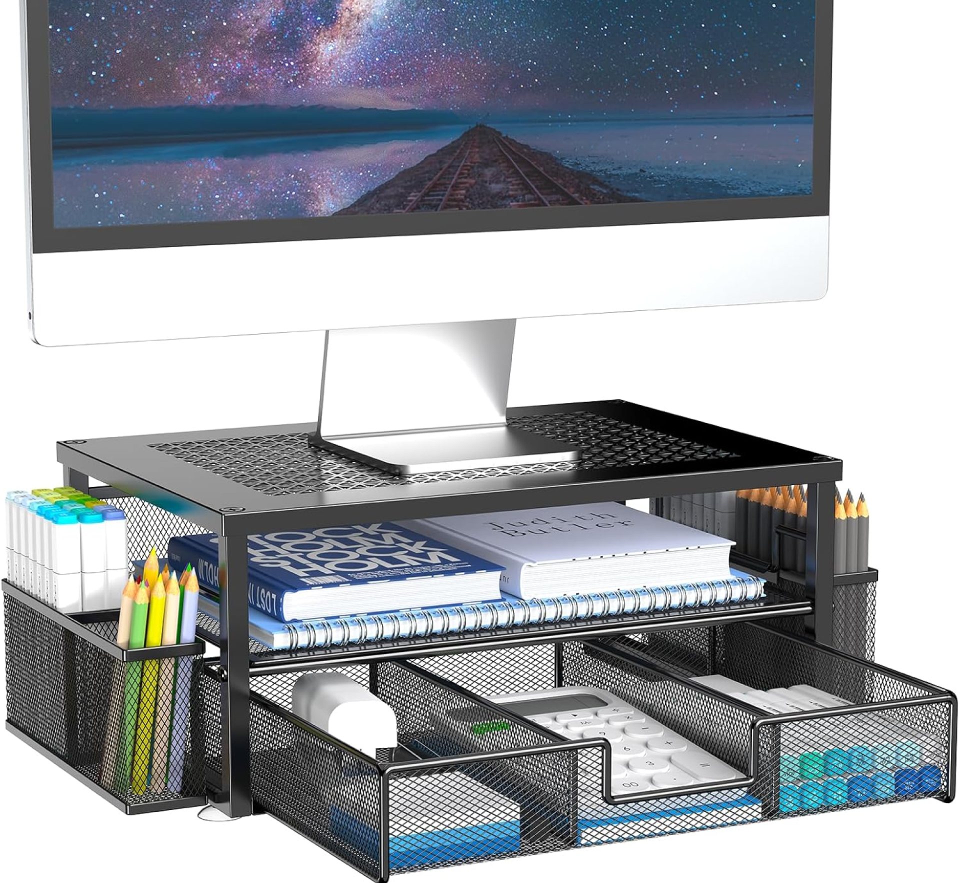 2 Tier Computer Monitor Stands with Drawer and 2 Pencil Holder, Metal Monitor Stand, Office Desk Accessories Workspace Desktop Organizers for Office Supplies, Black 2 Tier Computer Monitor Stands with Drawer and 2 Pencil Holder, Metal Monitor Stand, Office Desk Accessories Workspace Desktop Organizers for Office Supplies, Black