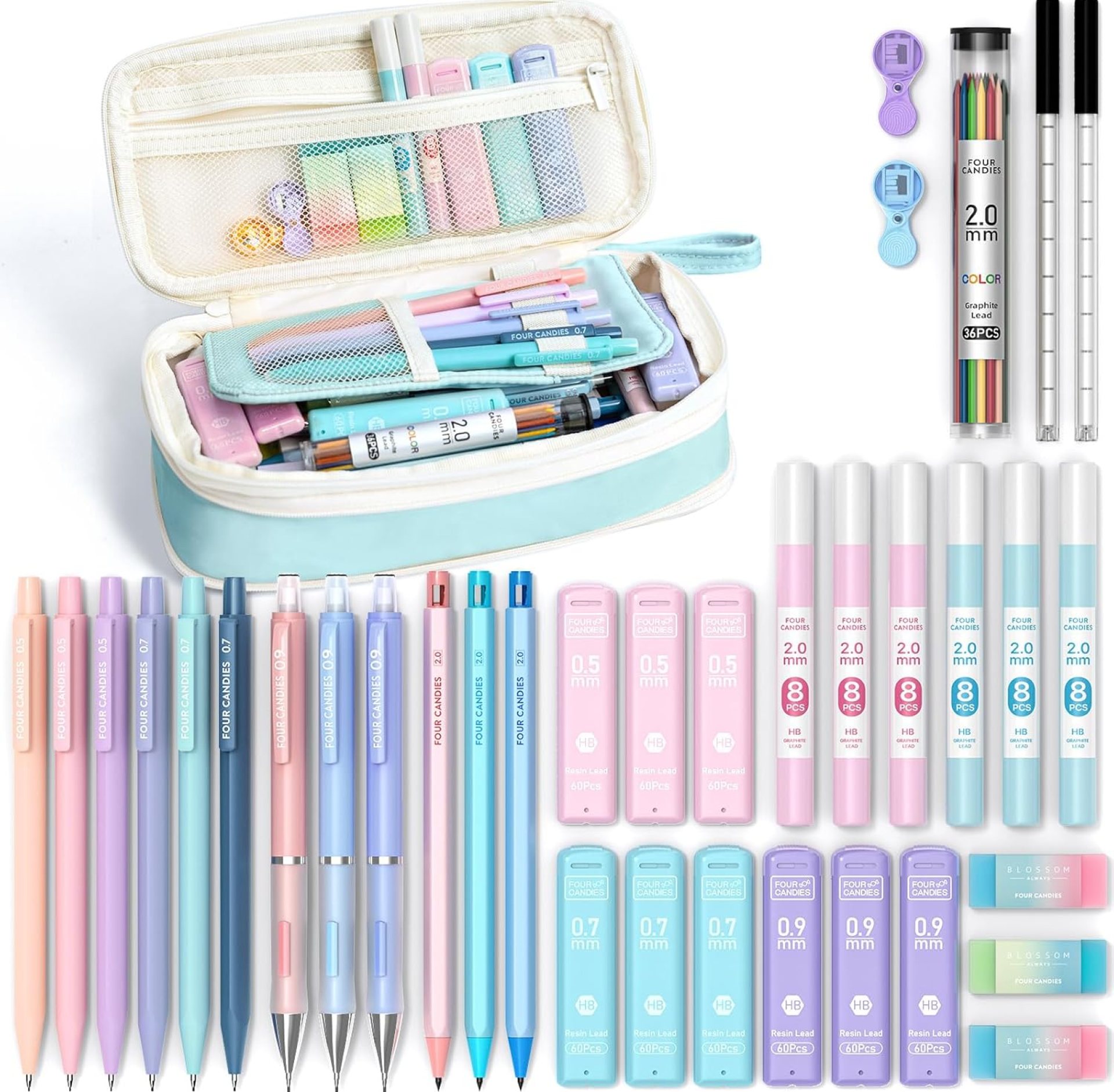 Four Candies 36PCS Aesthetic School Supplies, Mechanical Pencil Set 0.5mm, 0.7mm, 0.9mm & 2.0mm with 624 Lead Refills, Back to School Supplies for Writing & Drawing, Ideal Stationary Set Gift (Blue) Four Candies 36PCS Aesthetic School Supplies, Mechanical Pencil Set 0.5mm, 0.7mm, 0.9mm & 2.0mm with 624 Lead Refills, Back to School Supplies for Writing & Drawing, Ideal Stationary Set Gift (Blue)