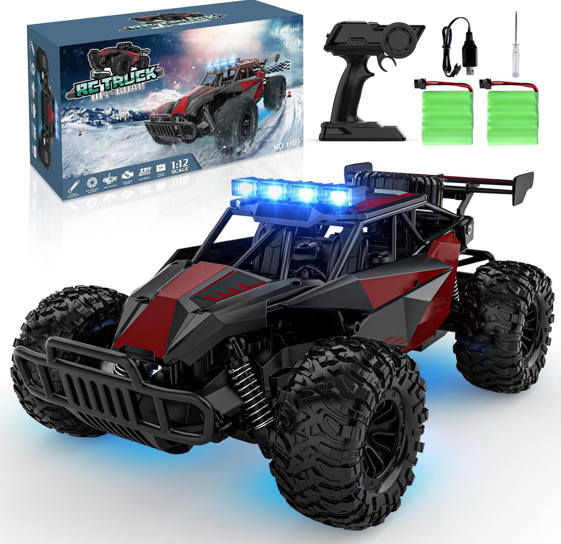 BLUEJAY Remote Control Car, 2.4GHz High Speed 33KM/H RC Cars Toys, 1:12 Monster RC Truck Off Road with LED Headlight and Rechargeable Battery Gifts for Adults Boys 8-12 BLUEJAY Remote Control Car, 2.4GHz High Speed 33KM/H RC Cars Toys, 1:12 Monster RC Truck Off Road with LED Headlight and Rechargeable Battery Gifts for Adults Boys 8-12