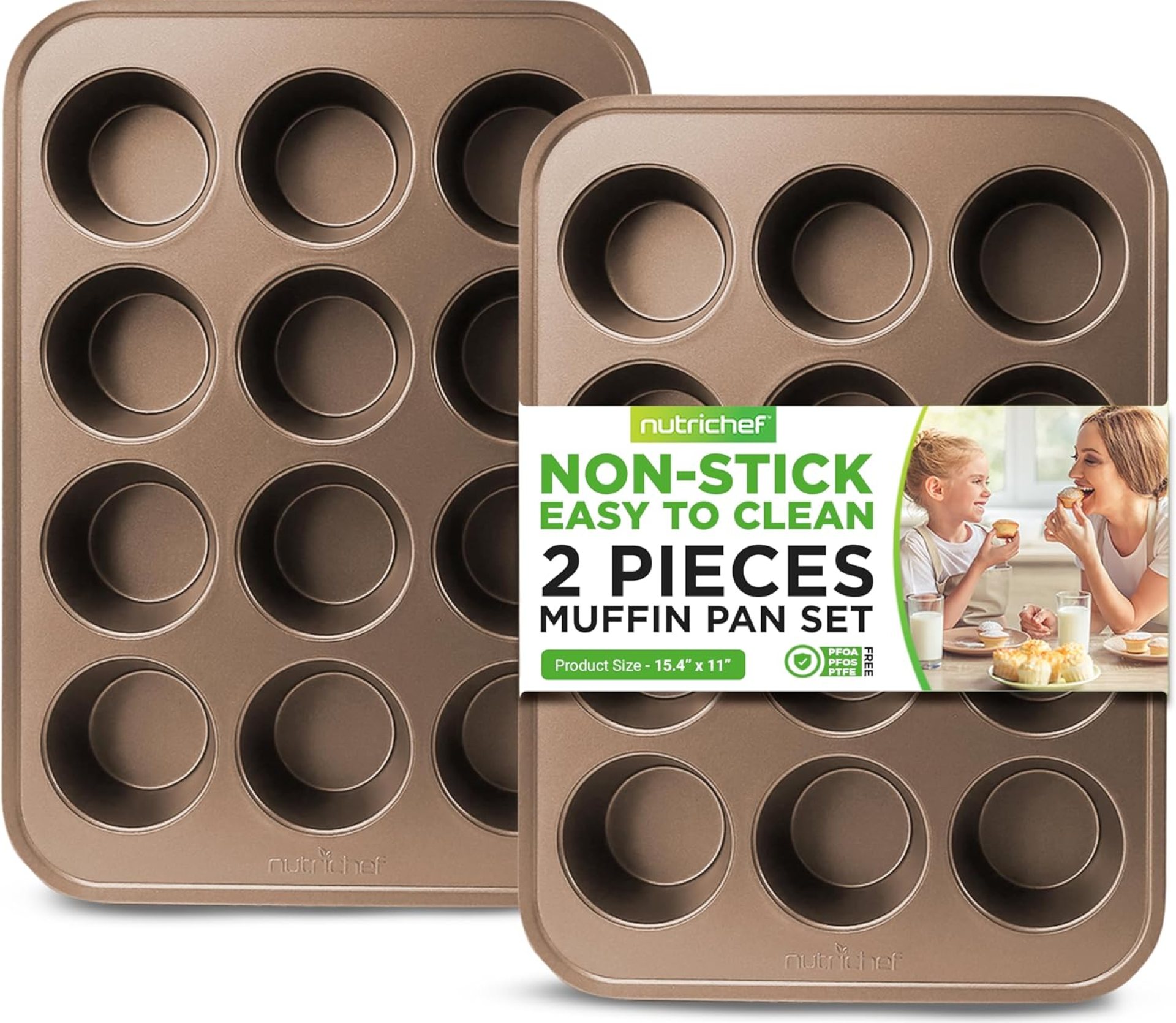 NutriChef 2-Piece Nonstick Muffin Pan Set – Carbon Steel Cupcake Baking Pans with 12 Cups – 15 inch x 11 inch Baking Tray Set – Gold NutriChef 2-Piece Nonstick Muffin Pan Set – Carbon Steel Cupcake Baking Pans with 12 Cups – 15 inch x 11 inch Baking Tray Set – Gold