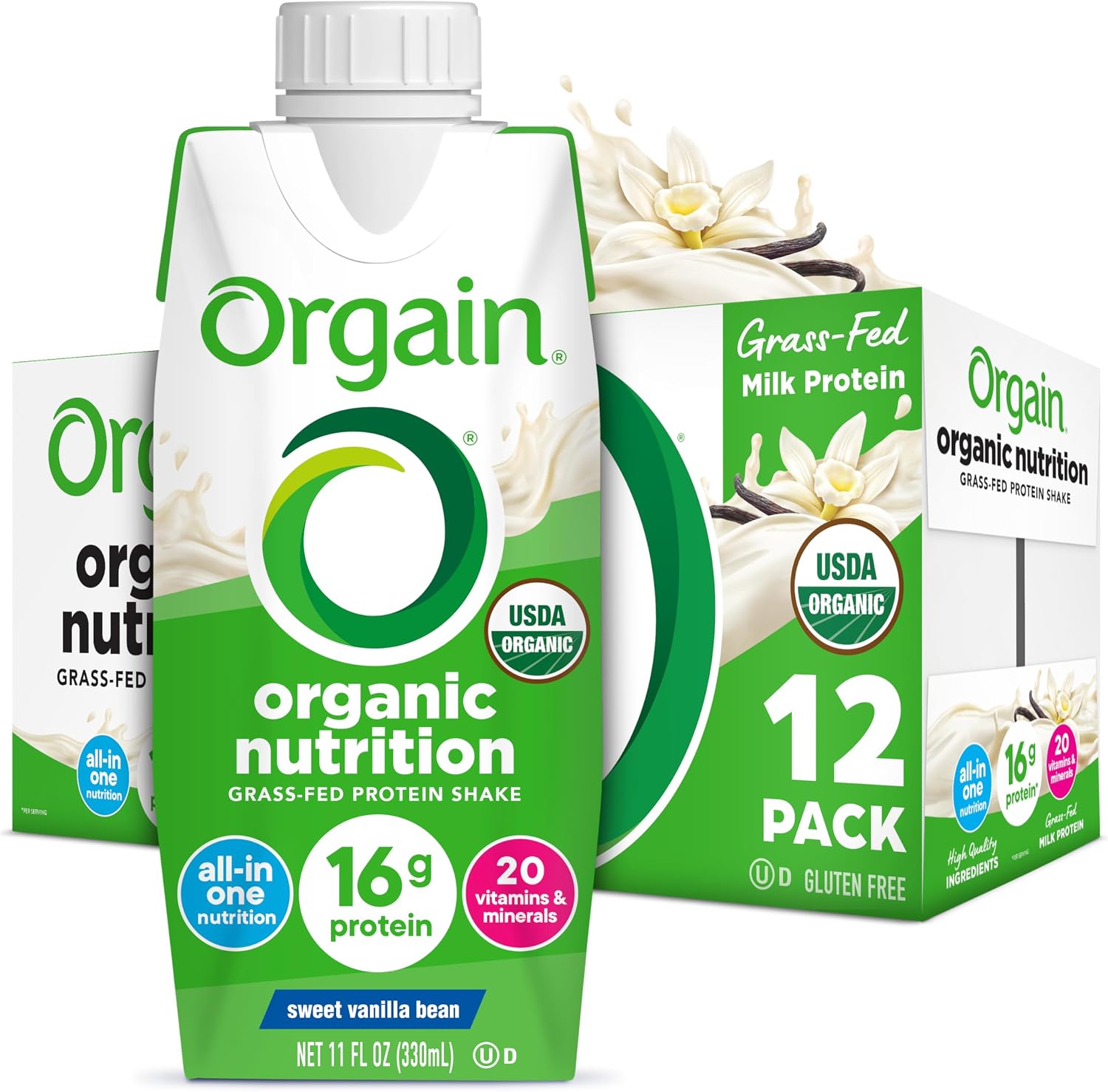 Orgain Organic Nutritional Protein Shake, Vanilla Bean – 16g Grass Fed Whey Protein, Meal Replacement, 20 Vitamins & Minerals, Fruits & Vegetables, Gluten Free, Non-GMO, 11 Fl Oz (12 Pack) Orgain Organic Nutritional Protein Shake, Vanilla Bean – 16g Grass Fed Whey Protein, Meal Replacement, 20 Vitamins & Minerals, Fruits & Vegetables, Gluten Free, Non-GMO, 11 Fl Oz (12 Pack)