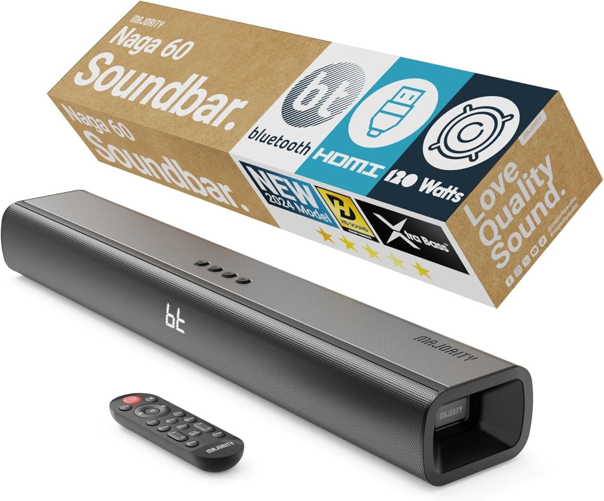 Majority Bluetooth 120W TV Sound Bar for Smart TV, 24 Inch, 2.1 Channel, 3D Sound with Built-in Subwoofer | EQ Control, HDMI Arc, Optical, AUX, Remote, and Wall Mountable Naga 60 Soundbar for TV Majority Bluetooth 120W TV Sound Bar for Smart TV, 24 Inch, 2.1 Channel, 3D Sound with Built-in Subwoofer | EQ Control, HDMI Arc, Optical, AUX, Remote, and Wall Mountable Naga 60 Soundbar for TV