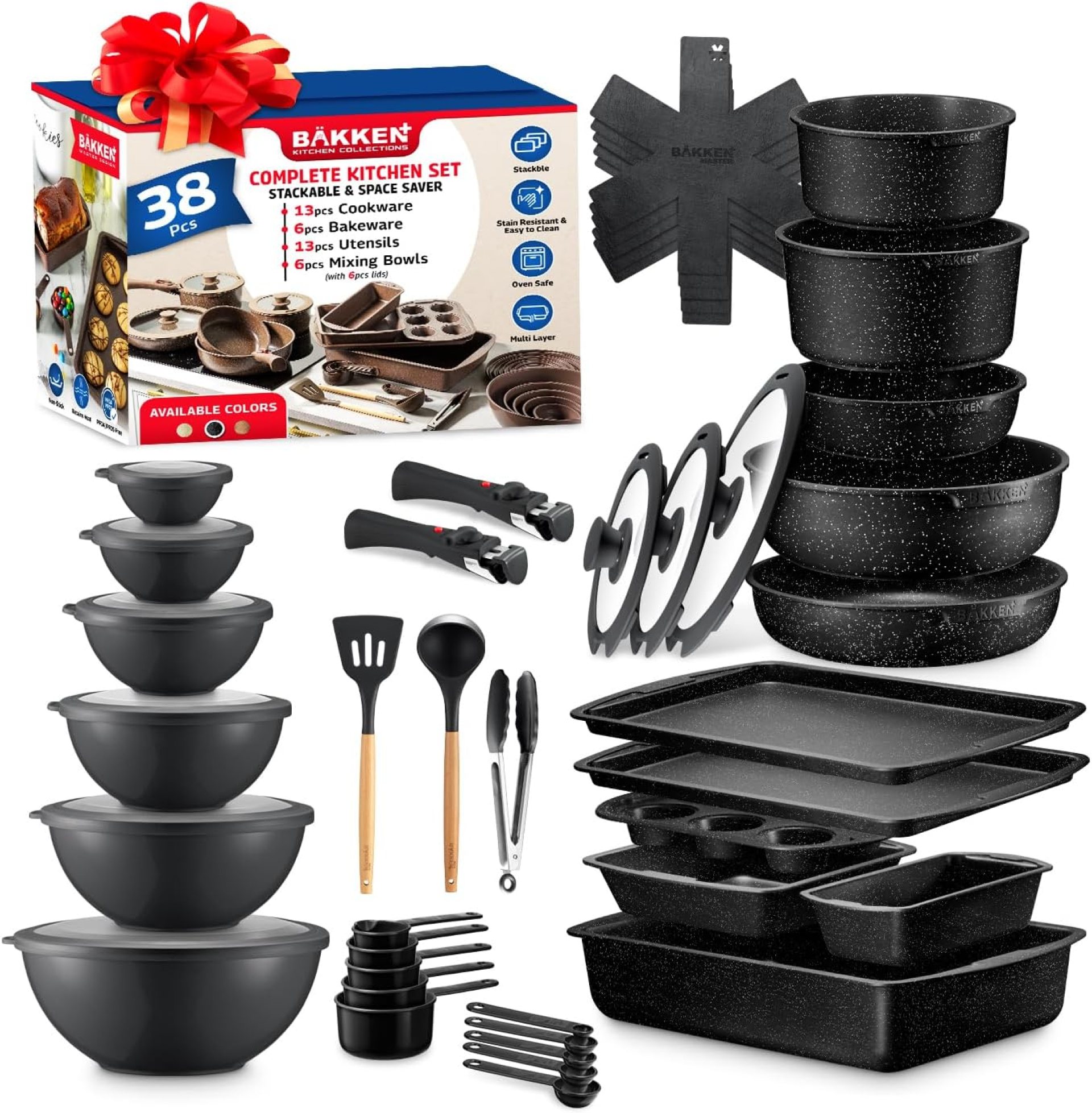 Bakken Master 38 Piece Granite Cookware & Bakeware Set – Nonstick Granite Coating, Pots and Pans with Detachable Handle and Tempered Glass Lids, 6-piece Bakeware set, 12-piece Mixing Bowls,Gray Marble Bakken Master 38 Piece Granite Cookware & Bakeware Set – Nonstick Granite Coating, Pots and Pans with Detachable Handle and Tempered Glass Lids, 6-piece Bakeware set, 12-piece Mixing Bowls,Gray Marble