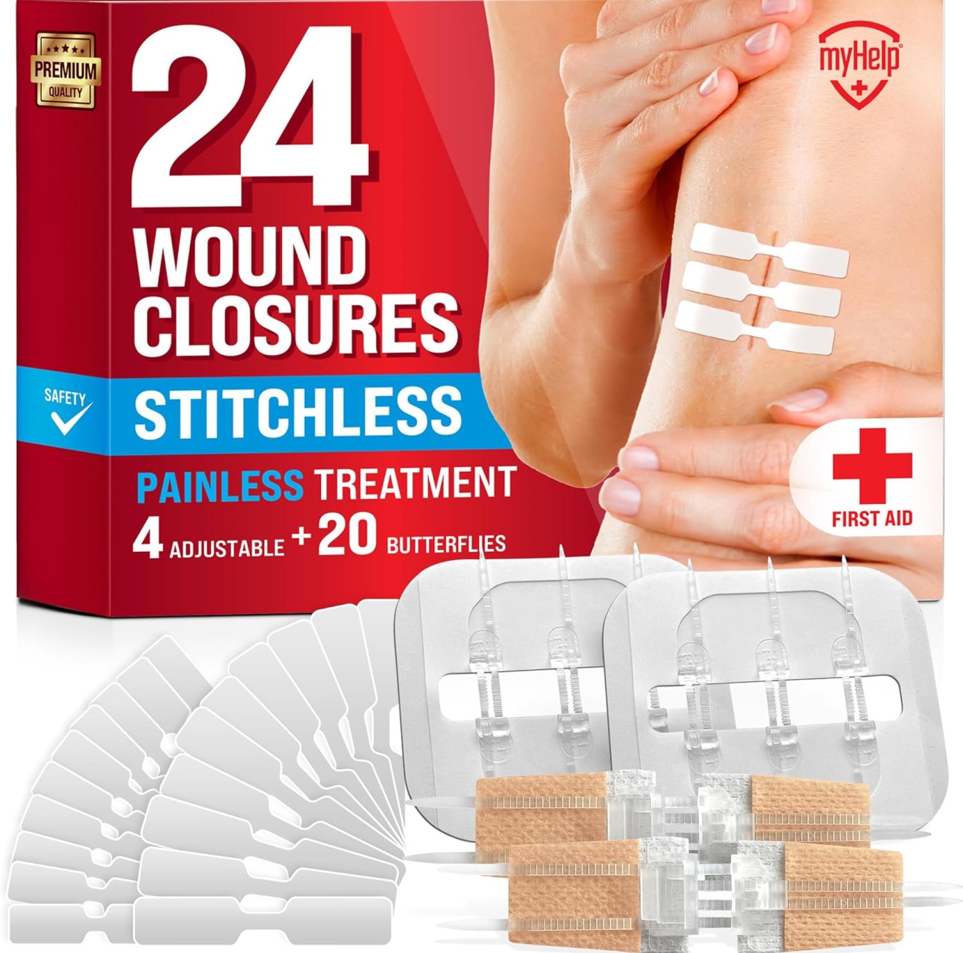 Emergency Wound Closure Strips – 24pk – 3 Types Easy to Use Butterfly Bandages – Stitchless & Painless Laceration Closure Kit Emergency Wound Closure Strips – 24pk – 3 Types Easy to Use Butterfly Bandages – Stitchless & Painless Laceration Closure Kit