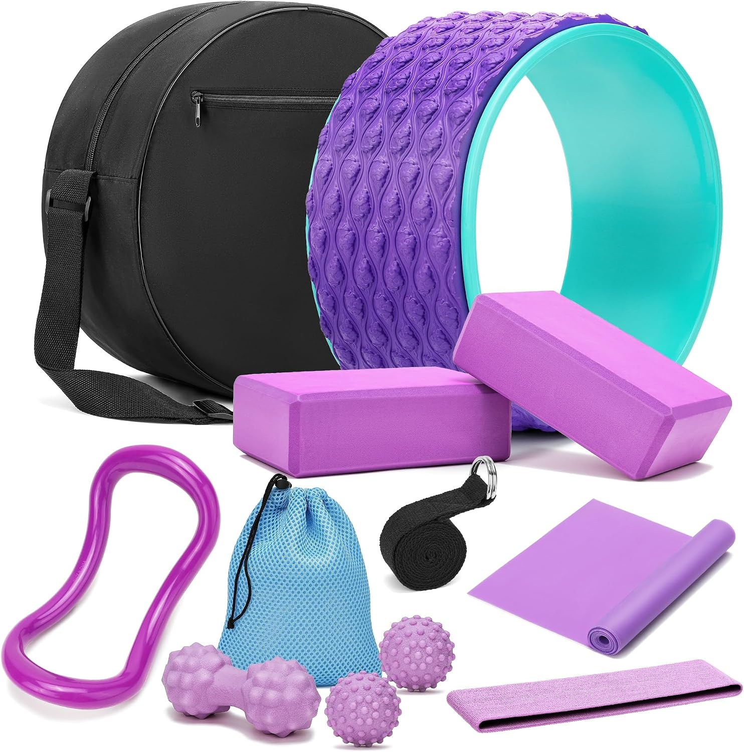 Yoga Wheel Set, Wheel Foam Roller with Back Cracker Roller for Pain Relief & Deep Tissue Massage and Stretching 500lbs Capacity, Trigger Point Therapy Massage Ball, Yoga Blocks 2 Pack with Strap Yoga Wheel Set, Wheel Foam Roller with Back Cracker Roller for Pain Relief & Deep Tissue Massage and Stretching 500lbs Capacity, Trigger Point Therapy Massage Ball, Yoga Blocks 2 Pack with Strap