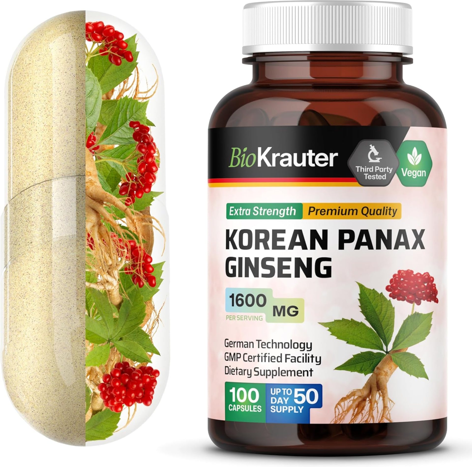 BIO KRAUTER Korean Red Ginseng Capsules – 1600 mg Strength – 100 Count – Korean Panax Ginseng Supplement – Vegan Immune Supplement BIO KRAUTER Korean Red Ginseng Capsules – 1600 mg Strength – 100 Count – Korean Panax Ginseng Supplement – Vegan Immune Supplement