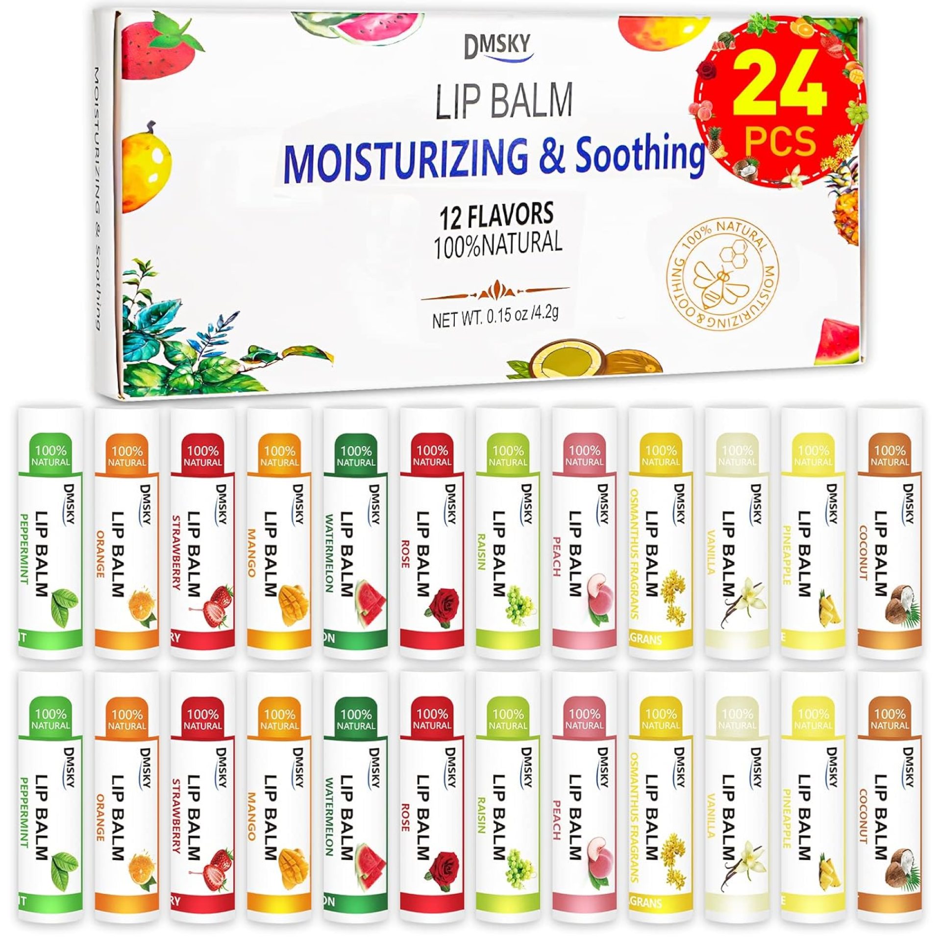 DMSKY 24 Pack Lip Balm, Natural Lip Balm Bulk with Vitamin E and Coconut Oil, Moisturizing Lip Balm for Chapped Lips, Bulk Lip Balm for Women-12 Flavors DMSKY 24 Pack Lip Balm, Natural Lip Balm Bulk with Vitamin E and Coconut Oil, Moisturizing Lip Balm for Chapped Lips, Bulk Lip Balm for Women-12 Flavors