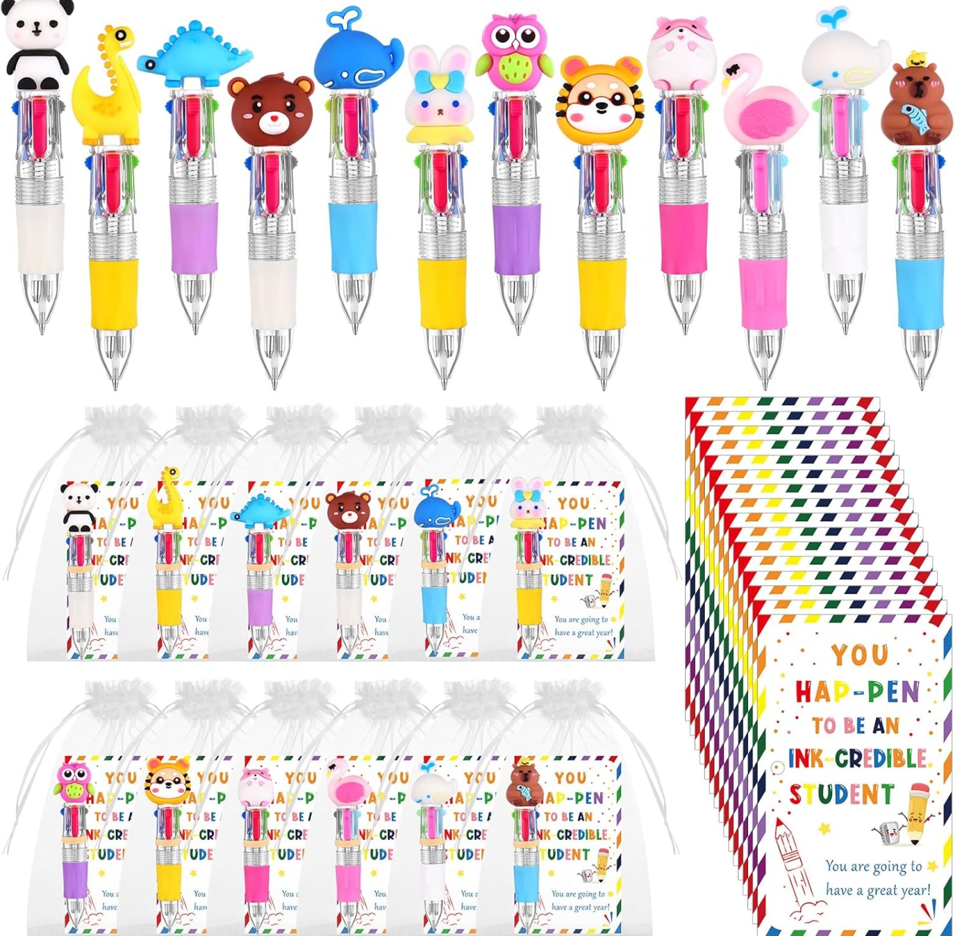36 Set Back to School Student Gifts 4-in-1 Multicolor Ballpoint Pens First Day of School Cute Cartoon Animal Retractable Pens with Gift Card Tie Organza Bag for Students Class Exchange 36 Set Back to School Student Gifts 4-in-1 Multicolor Ballpoint Pens First Day of School Cute Cartoon Animal Retractable Pens with Gift Card Tie Organza Bag for Students Class Exchange