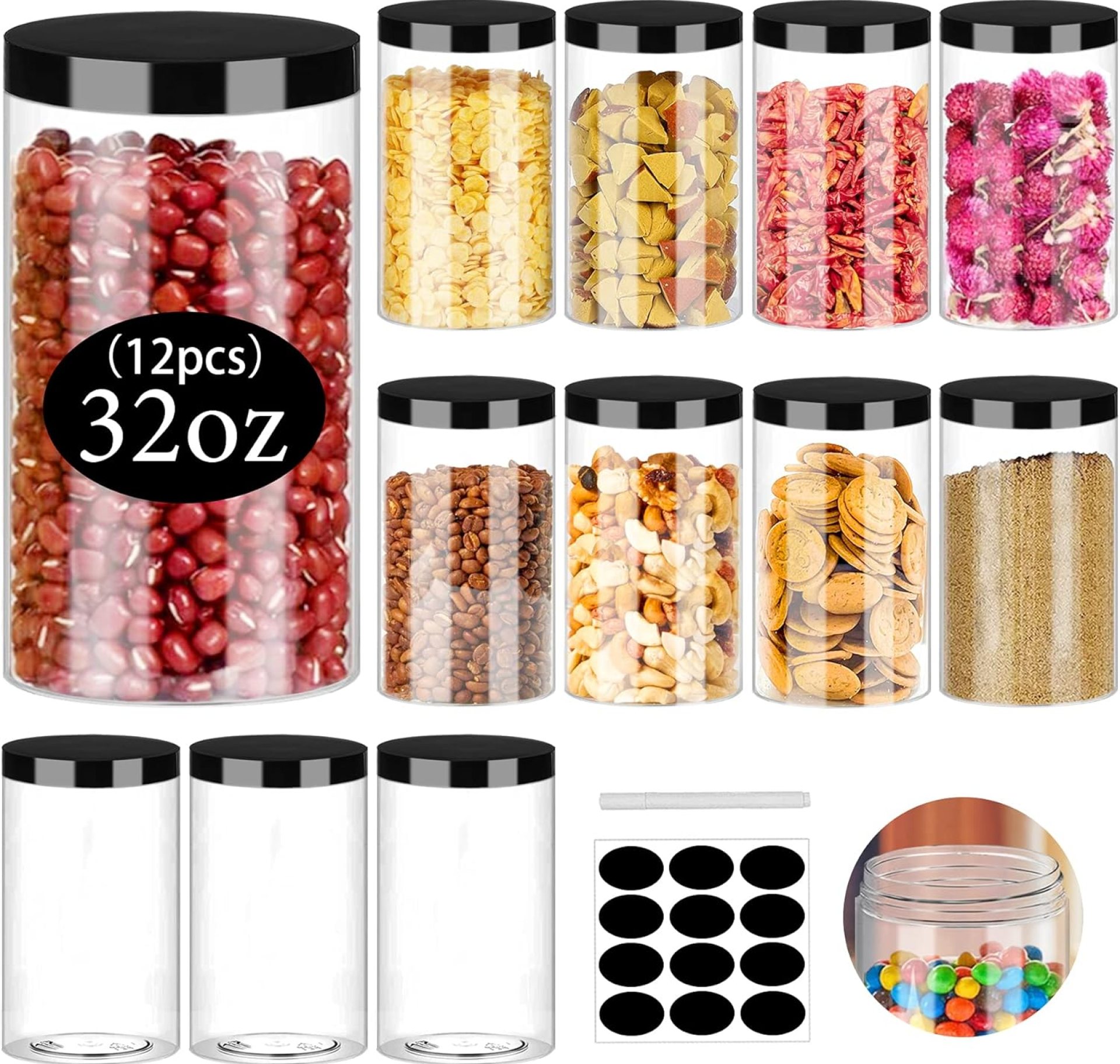 SLifeJars Clear Plastic Jars 32oz 12Pack Big Round PET Plastic Containers with Black Screw On Lids Reusable Empty Storage Jars with Lid Clear Containers for Household and Kitchen Organizing SLifeJars Clear Plastic Jars 32oz 12Pack Big Round PET Plastic Containers with Black Screw On Lids Reusable Empty Storage Jars with Lid Clear Containers for Household and Kitchen Organizing
