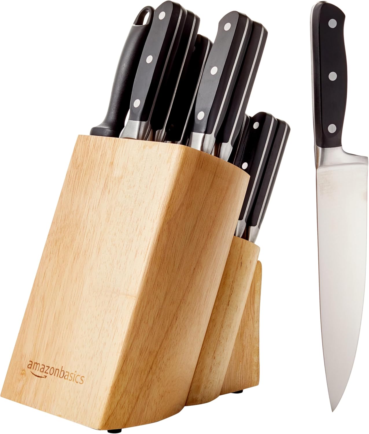 Amazon Basics 18 Pieces Premium High-Carbon Stainless Steel Blades with Pine Wood Knife Block Set,Kitchen, Black Amazon Basics 18 Pieces Premium High-Carbon Stainless Steel Blades with Pine Wood Knife Block Set,Kitchen, Black