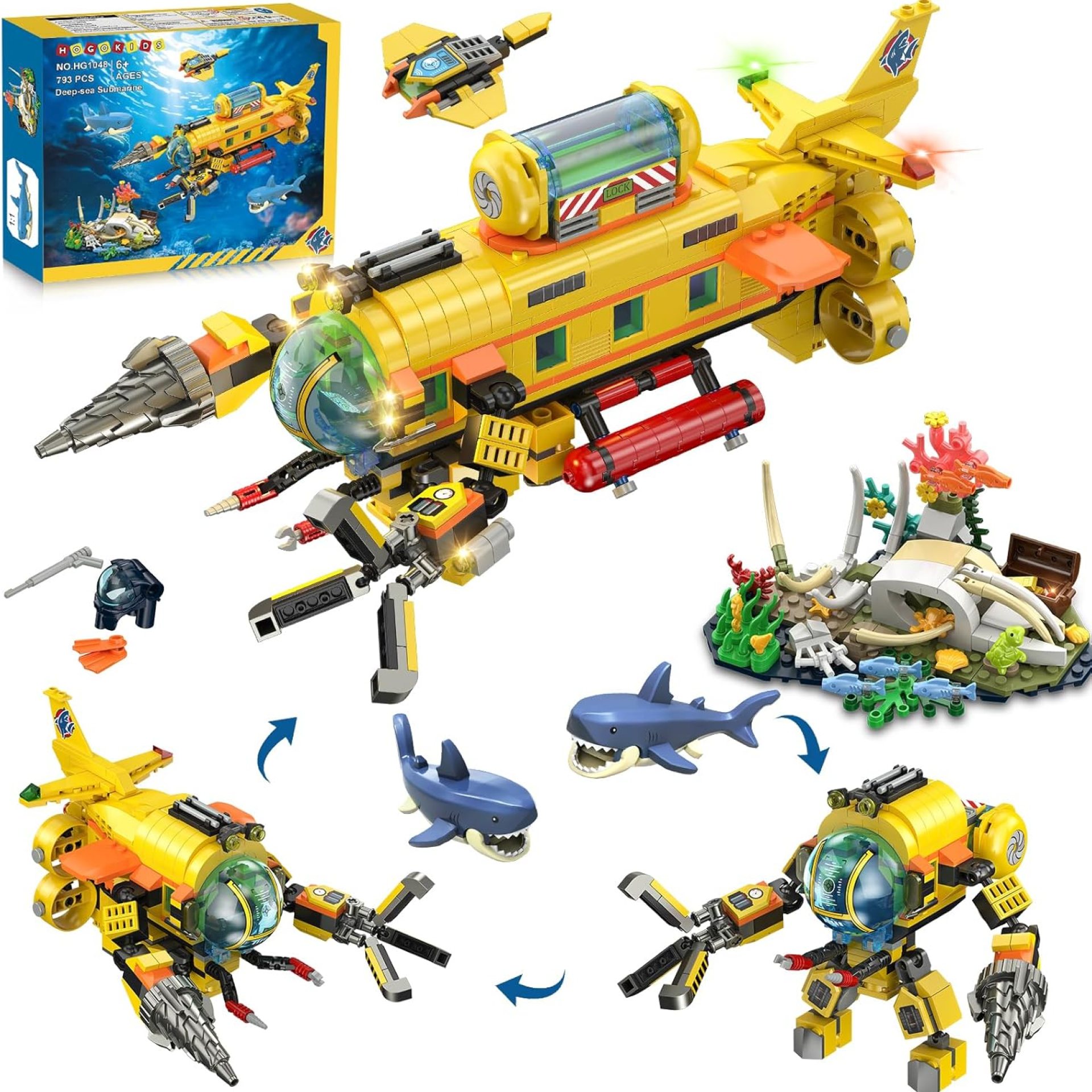 HOGOKIDS 3 Styles City Submarine Building Set with LED Light, Ocean Exploration Yellow Boat Sub Toy with 2 Sharks, Whale Skeleton and Ray Drone, Christmas Birthday Gift for Kids Boys Girls 8-14+ HOGOKIDS 3 Styles City Submarine Building Set with LED Light, Ocean Exploration Yellow Boat Sub Toy with 2 Sharks, Whale Skeleton and Ray Drone, Christmas Birthday Gift for Kids Boys Girls 8-14+