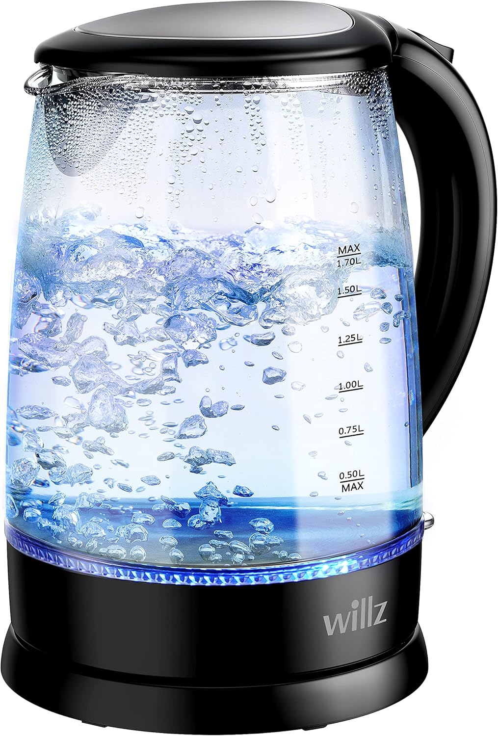 Willz Electric Glass Kettle with Heat Resistant Handle and Cordless Pour, Quick Boil & Auto Shut-Off Technology, Blue Boil Light, 1.7L, 1500 W, Black Willz Electric Glass Kettle with Heat Resistant Handle and Cordless Pour, Quick Boil & Auto Shut-Off Technology, Blue Boil Light, 1.7L, 1500 W, Black