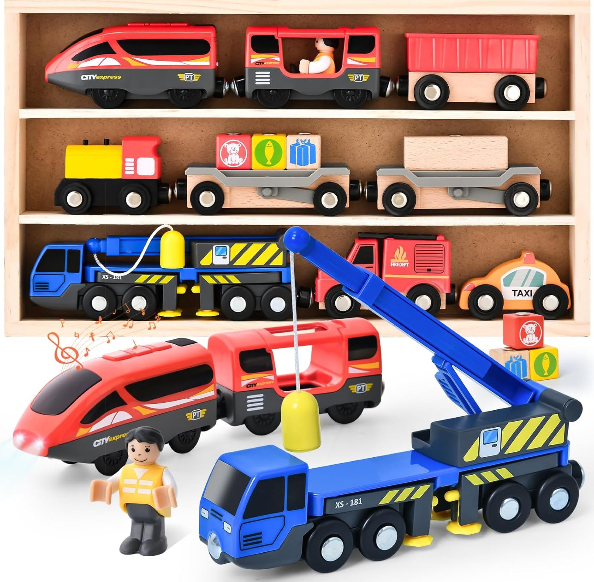 Electric Train Set Toys Wooden Magnetic Cars – Locomotive Auto Reverse/Park/Sound/Light, Gift for 3 4 5 6 Year Old Toddlers Kids Boys Truck Trains Toy, Compatible with Common Wooden Train Tracks Electric Train Set Toys Wooden Magnetic Cars – Locomotive Auto Reverse/Park/Sound/Light, Gift for 3 4 5 6 Year Old Toddlers Kids Boys Truck Trains Toy, Compatible with Common Wooden Train Tracks