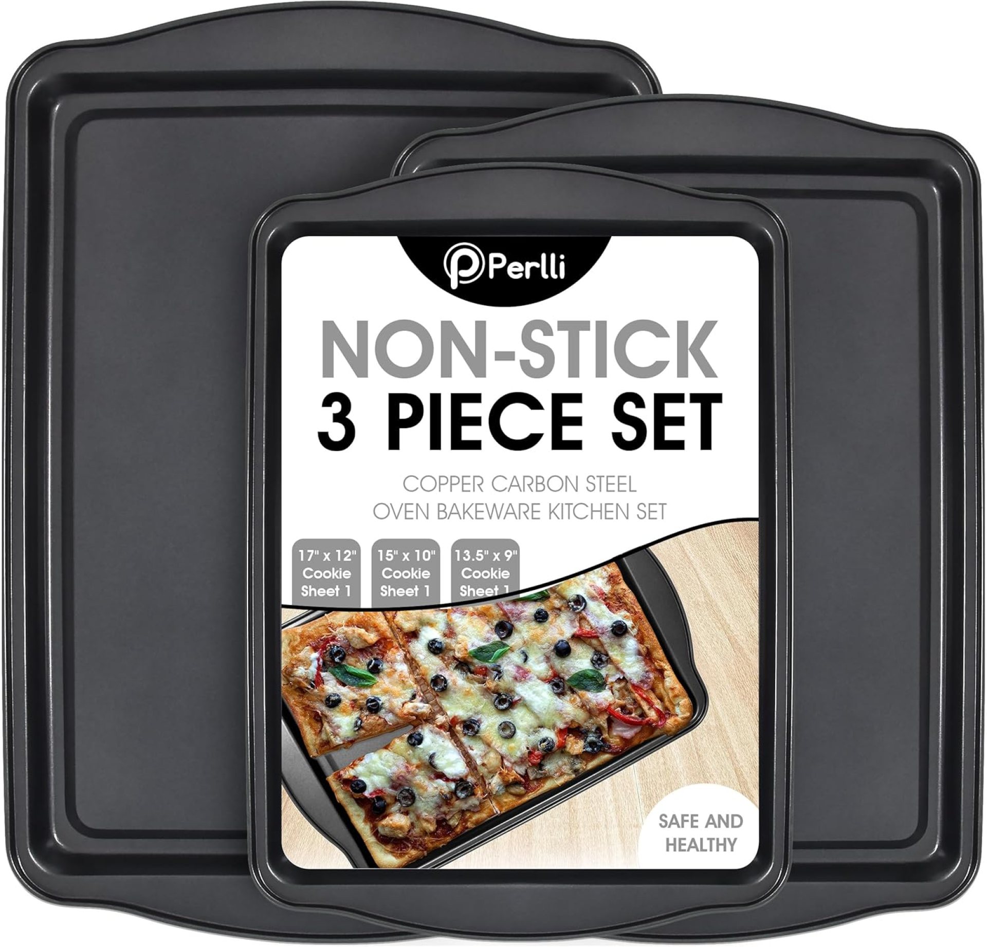 Perlli Cookie Sheets for Baking Non Stick Oven Pan Tray Baking Sheet 3-Piece Set (Small, Medium & Large) Carbon Steel BPA Free Cooking and Baking Trays for Cakes and Cookies Perlli Cookie Sheets for Baking Non Stick Oven Pan Tray Baking Sheet 3-Piece Set (Small, Medium & Large) Carbon Steel BPA Free Cooking and Baking Trays for Cakes and Cookies
