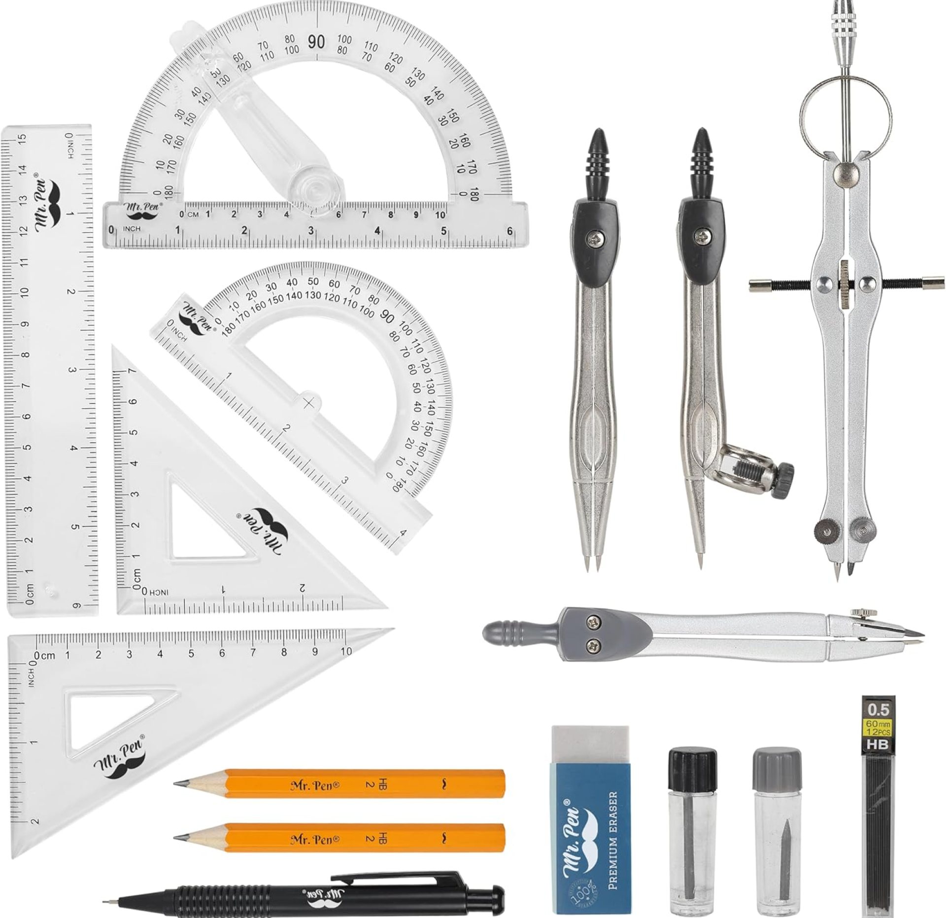 Mr. Pen Geometry Set with 6 Inch Swing Arm Protractor, Divider, Set Squares, Ruler, Compasses and Protractor, 15 Piece Set Mr. Pen Geometry Set with 6 Inch Swing Arm Protractor, Divider, Set Squares, Ruler, Compasses and Protractor, 15 Piece Set