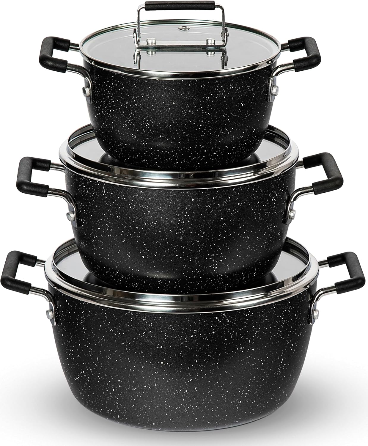 Granitestone Black Pots and Pans Set Nonstick, 6 Stackable Piece Cooking Pots Set, Kitchen Pots, Non Stick Coating, 5qt 3qt & 1.5qt Pots with Lids, Stay Cool Handles Dishwasher Safe 100% Toxin Free Granitestone Black Pots and Pans Set Nonstick, 6 Stackable Piece Cooking Pots Set, Kitchen Pots, Non Stick Coating, 5qt 3qt & 1.5qt Pots with Lids, Stay Cool Handles Dishwasher Safe 100% Toxin Free