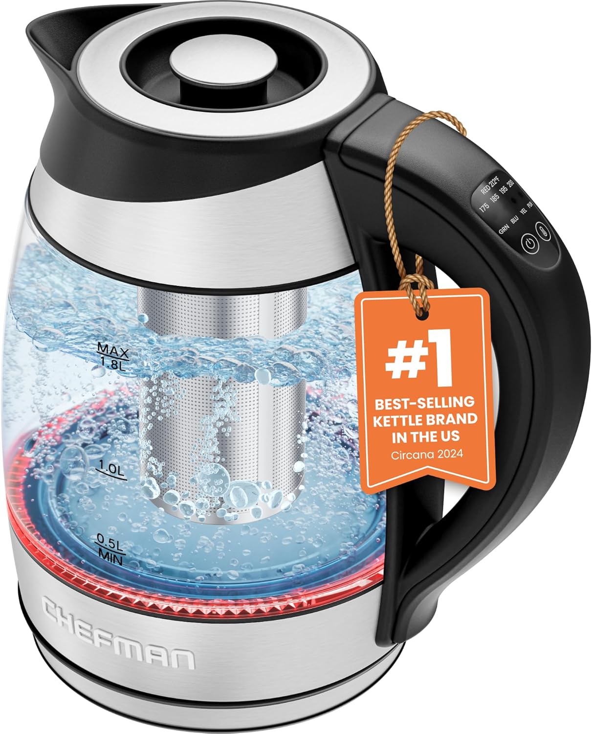Chefman Electric Kettle with Temperature Control, 5 Presets LED Indicator Lights, Removable Tea Infuser, Glass Tea Kettle & Hot Water Boiler, 360° Swivel Base, BPA Free, Stainless Steel, 1.8 Liters Chefman Electric Kettle with Temperature Control, 5 Presets LED Indicator Lights, Removable Tea Infuser, Glass Tea Kettle & Hot Water Boiler, 360° Swivel Base, BPA Free, Stainless Steel, 1.8 Liters