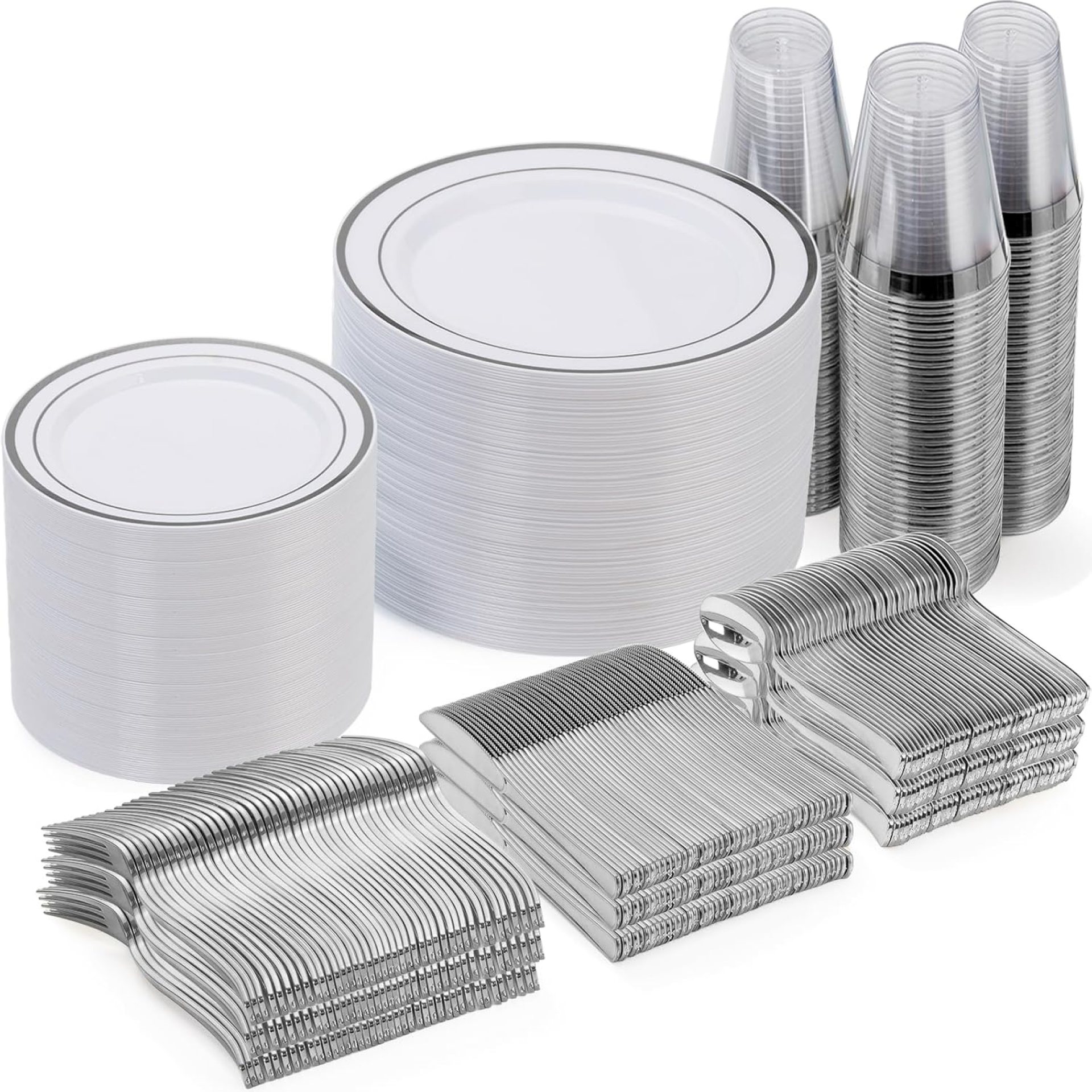 Goodluck 600 Piece Disposable Silver Plates for 100 Guests, Plastic Dinnerware Set of 100 Dinner Plates, 100 Salad Plates, 100 Spoons, 100 Forks, 100 Knives, 100 Cups, Plastic Plates for Party Goodluck 600 Piece Disposable Silver Plates for 100 Guests, Plastic Dinnerware Set of 100 Dinner Plates, 100 Salad Plates, 100 Spoons, 100 Forks, 100 Knives, 100 Cups, Plastic Plates for Party