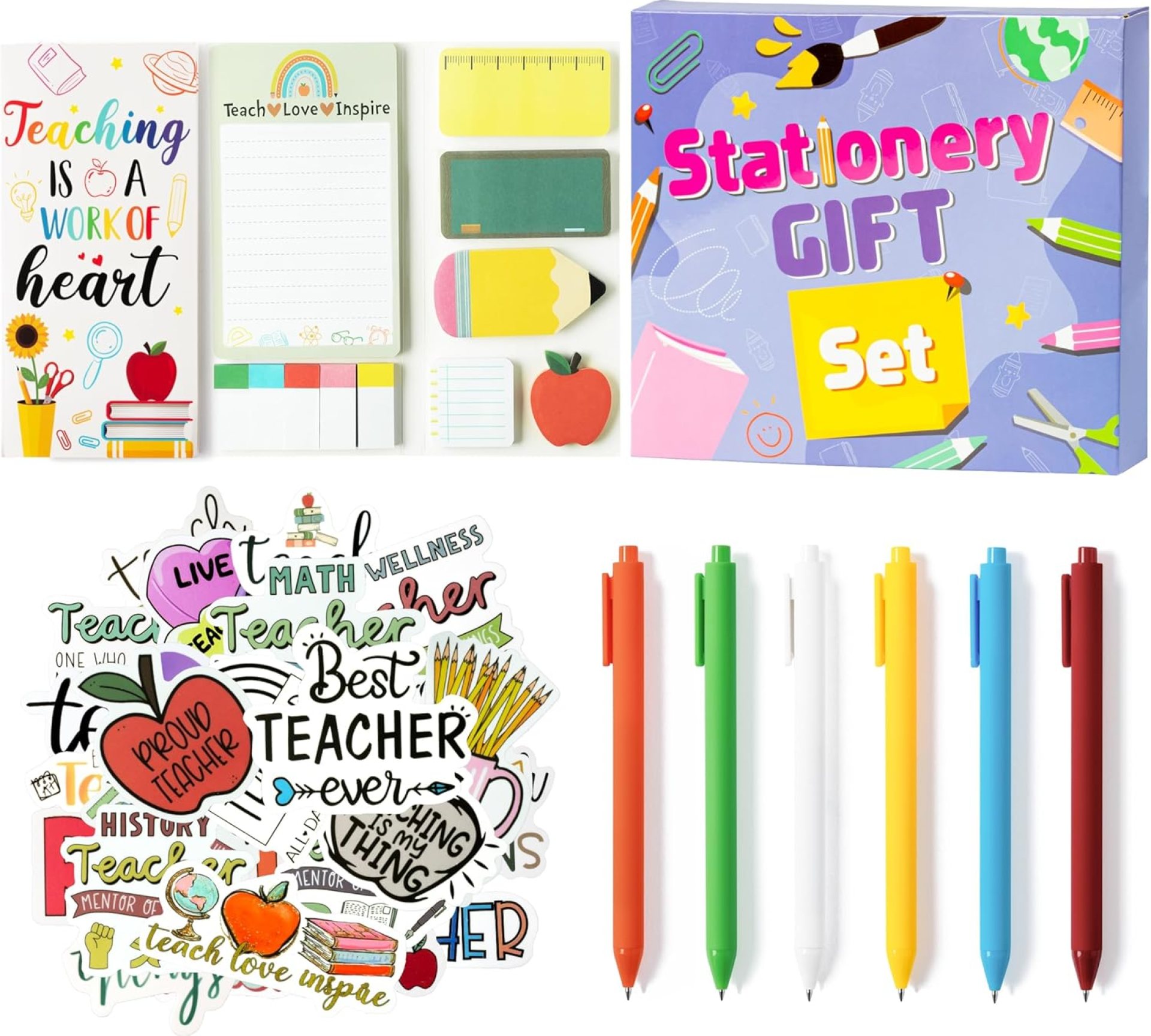 57Pcs White Teacher Stationery Set Includes Ball Point Gel Ink Pens Bundle Sticky Notes Set Cartoon Stickers Index Tabs Memo Pads Page Flags Back to School Gift Supplies for Student Teacher 57Pcs White Teacher Stationery Set Includes Ball Point Gel Ink Pens Bundle Sticky Notes Set Cartoon Stickers Index Tabs Memo Pads Page Flags Back to School Gift Supplies for Student Teacher