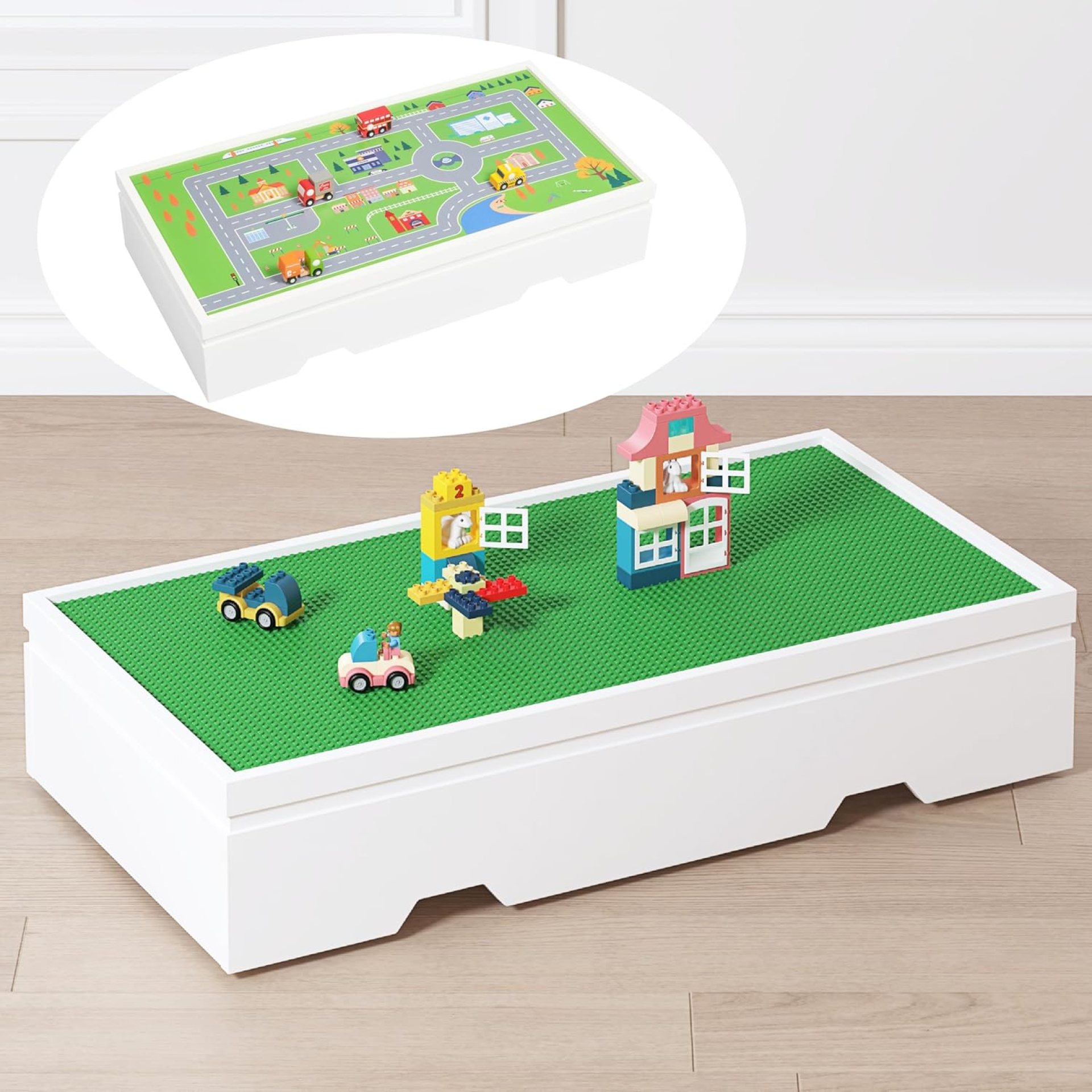 UTEX 3 in 1 Construction Play Table Compatible with Lego, Rolling Kids Activity Train Table with Storage and Wheels, Reversible Top Store Under Beds or Sofas UTEX 3 in 1 Construction Play Table Compatible with Lego, Rolling Kids Activity Train Table with Storage and Wheels, Reversible Top Store Under Beds or Sofas