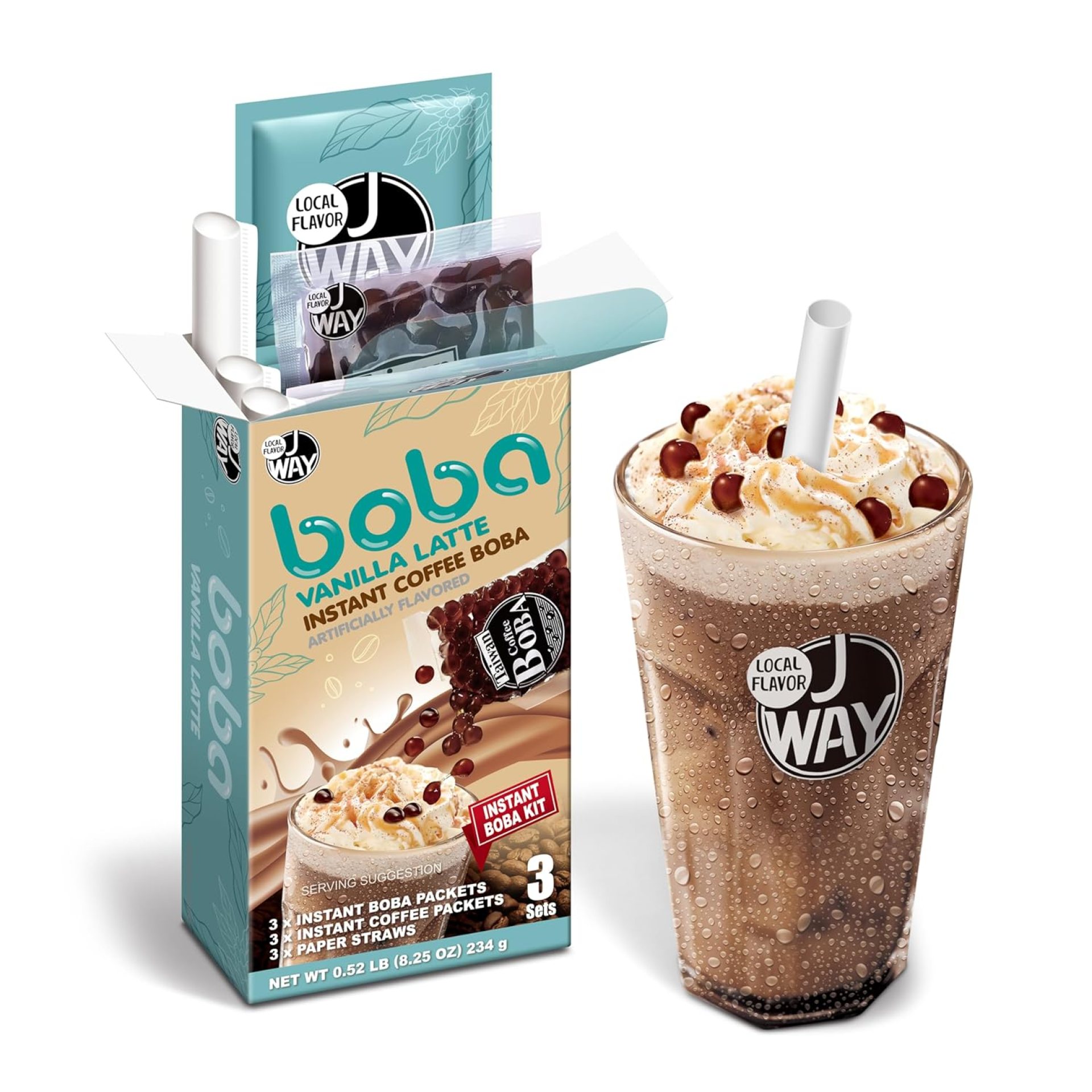 J WAY Instant Vanilla Latte Coffee Kit with Authentic Brown Sugar Tapioca Boba, Ready in Under One Minute, Paper Straws Included – 3 Servings J WAY Instant Vanilla Latte Coffee Kit with Authentic Brown Sugar Tapioca Boba, Ready in Under One Minute, Paper Straws Included – 3 Servings