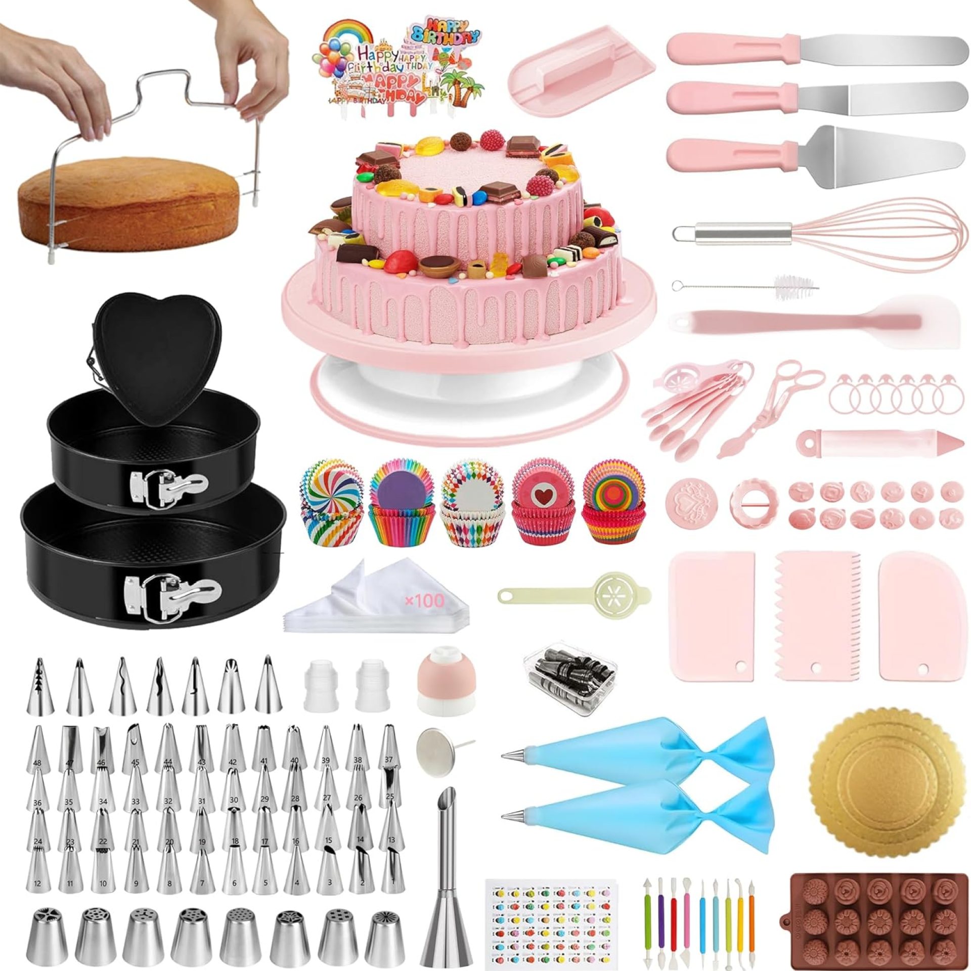 Cake Decorating Kit – Cake Turntable for Decorating with Baking Springform Pans, Cake Leveler, Numbered Piping Tips, 2 Spatulas, Baking Supplies Tools Cake Decorating Kit – Cake Turntable for Decorating with Baking Springform Pans, Cake Leveler, Numbered Piping Tips, 2 Spatulas, Baking Supplies Tools