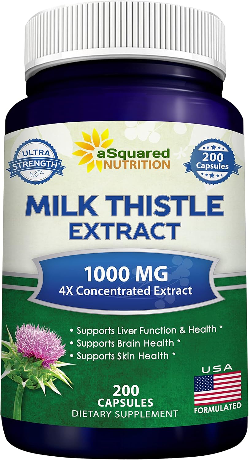 aSquared Nutrition Milk Thistle Supplement 1000mg-200 Capsules,Max Strength 4X Concentrated Extract 4:1 Milk Thistle Seed Powder Herb Pills, 1000 mg Silymarin Extract for Liver Support, Cleanse, Detox aSquared Nutrition Milk Thistle Supplement 1000mg-200 Capsules,Max Strength 4X Concentrated Extract 4:1 Milk Thistle Seed Powder Herb Pills, 1000 mg Silymarin Extract for Liver Support, Cleanse, Detox