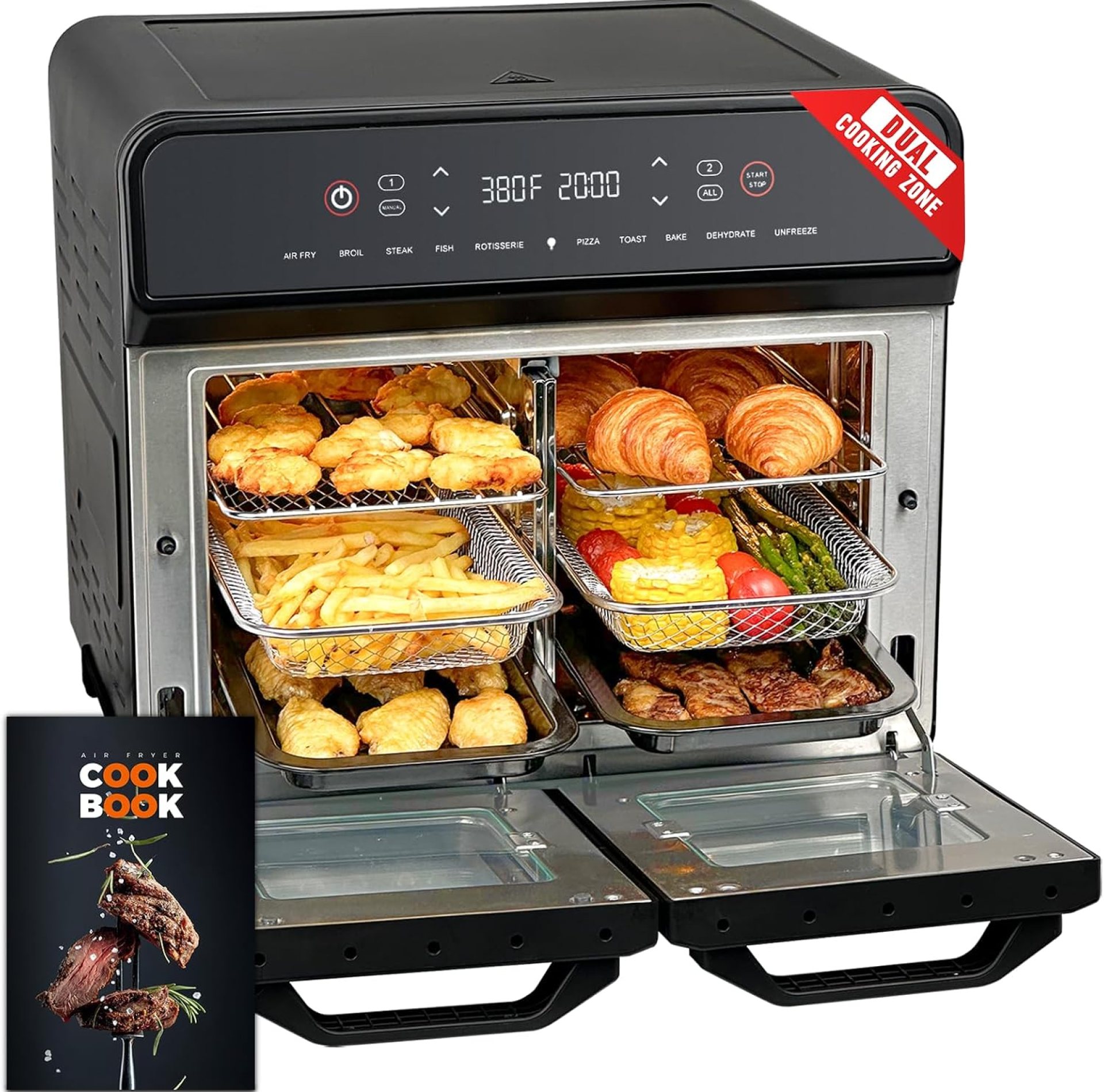 24Qt Dual Zone Air Fryer Oven with Rotisserie, Extra Large Double Air Fryers Mini Oven Digital 1800W 10 in 1 Airfryer Countertop Convection Toaster Oven Combo, Stainless Steel Inner, 360° Even Heating 24Qt Dual Zone Air Fryer Oven with Rotisserie, Extra Large Double Air Fryers Mini Oven Digital 1800W 10 in 1 Airfryer Countertop Convection Toaster Oven Combo, Stainless Steel Inner, 360° Even Heating