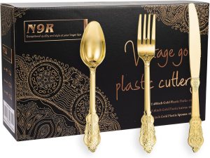 N9R 300pcs Gold Plastic Silverware Dinnerware Flatware- Heavyweight Plastic Cutlery Set, 100 Forks, 100 Spoons, 100 Knives, Gold Utensils for Party, Thanksgiving, Christmas