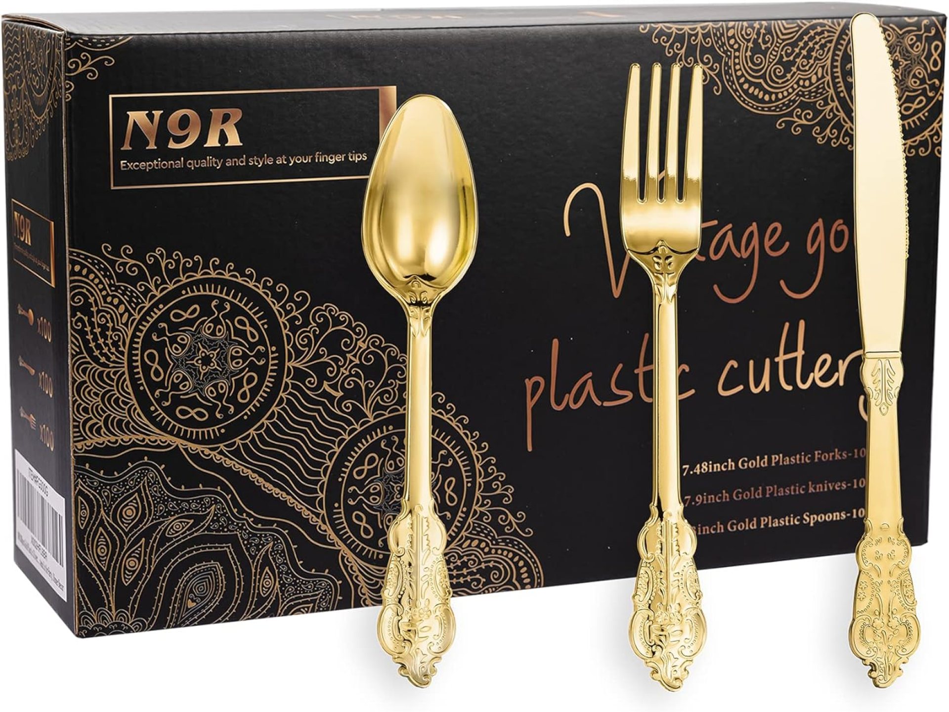 N9R 300pcs Gold Plastic Silverware Dinnerware Flatware- Heavyweight Plastic Cutlery Set, 100 Forks, 100 Spoons, 100 Knives, Gold Utensils for Party, Thanksgiving, Christmas N9R 300pcs Gold Plastic Silverware Dinnerware Flatware- Heavyweight Plastic Cutlery Set, 100 Forks, 100 Spoons, 100 Knives, Gold Utensils for Party, Thanksgiving, Christmas